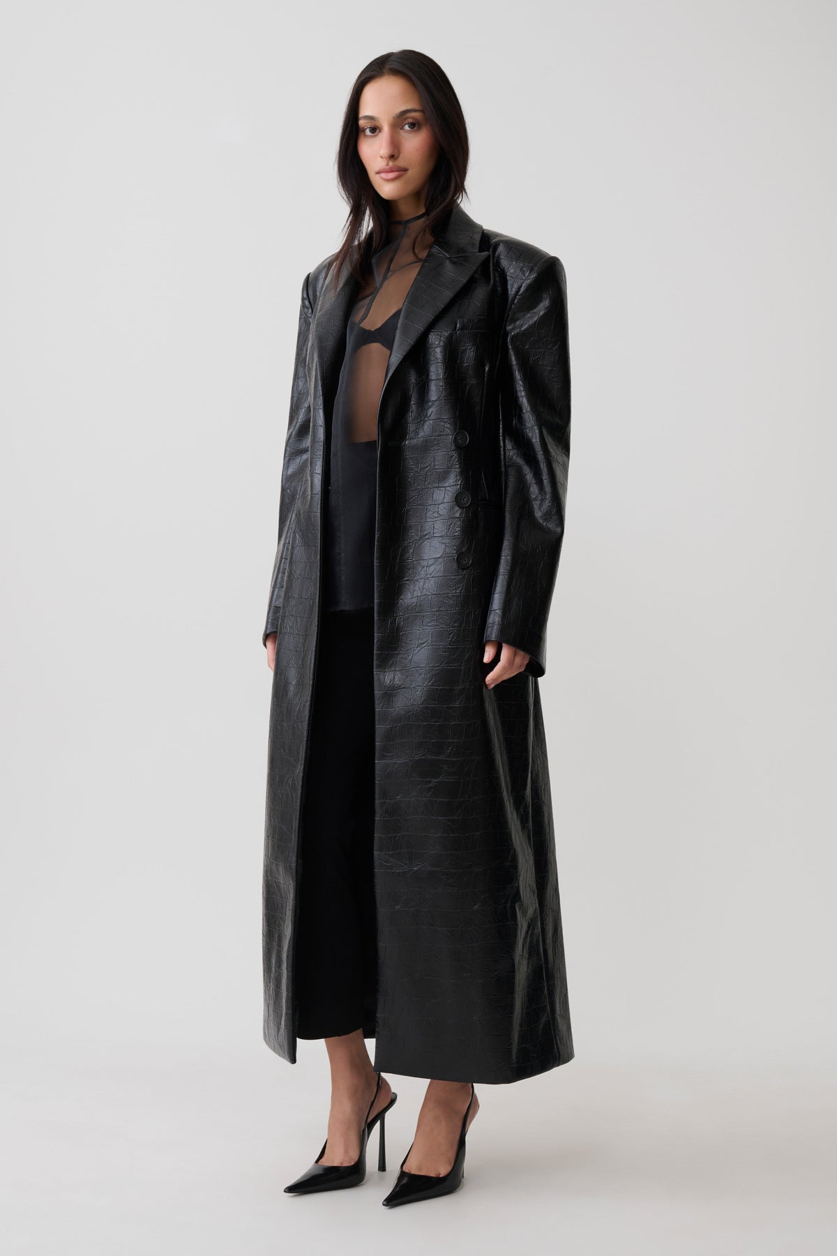 Croc Faux Leather Coat - Black