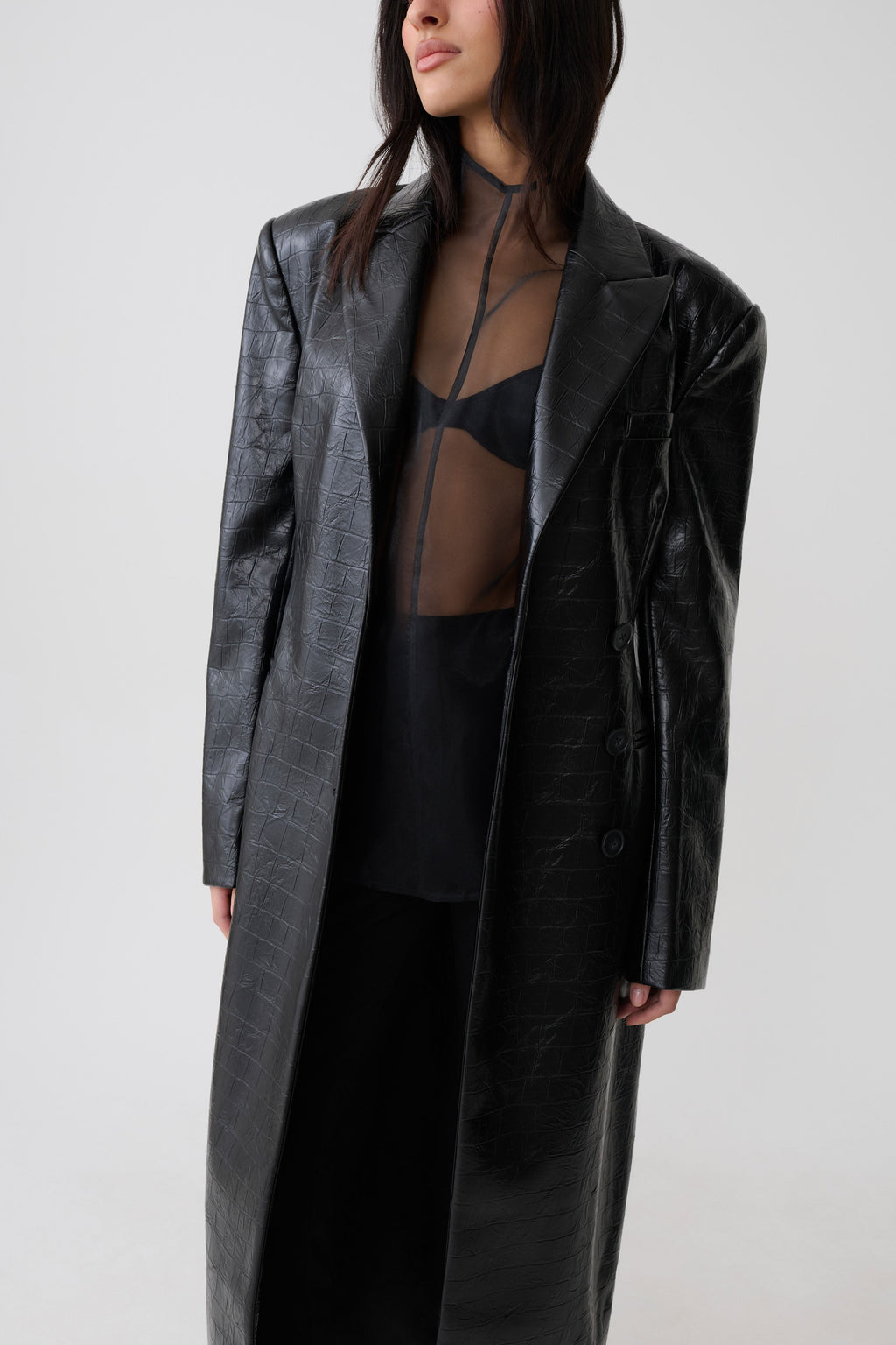Croc Faux Leather Coat - Black