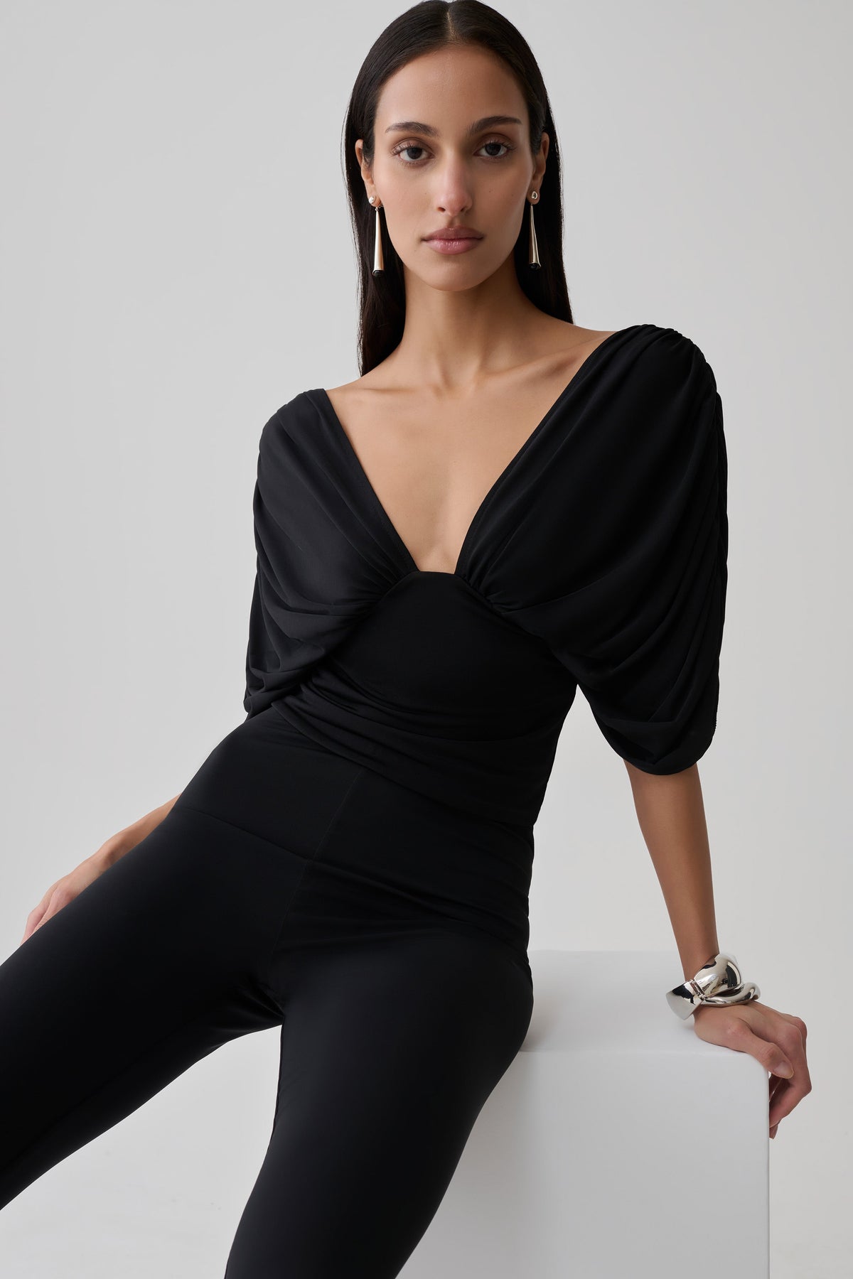 Gathered Bodice Top - Black