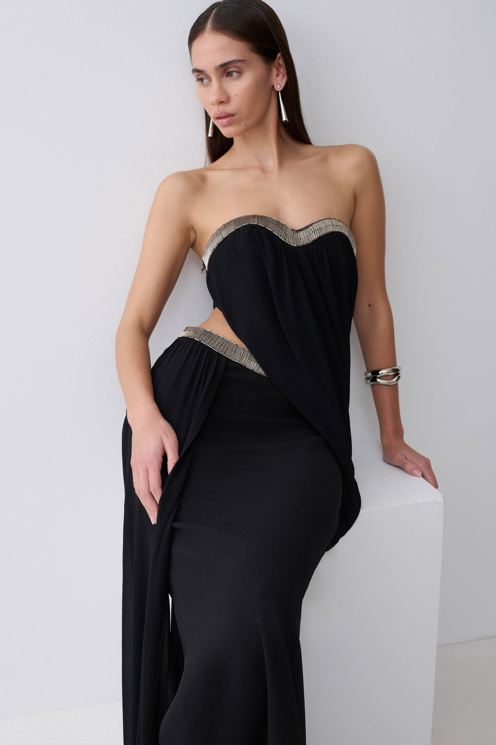 Chiffon Strapless Maxi Dress - Black