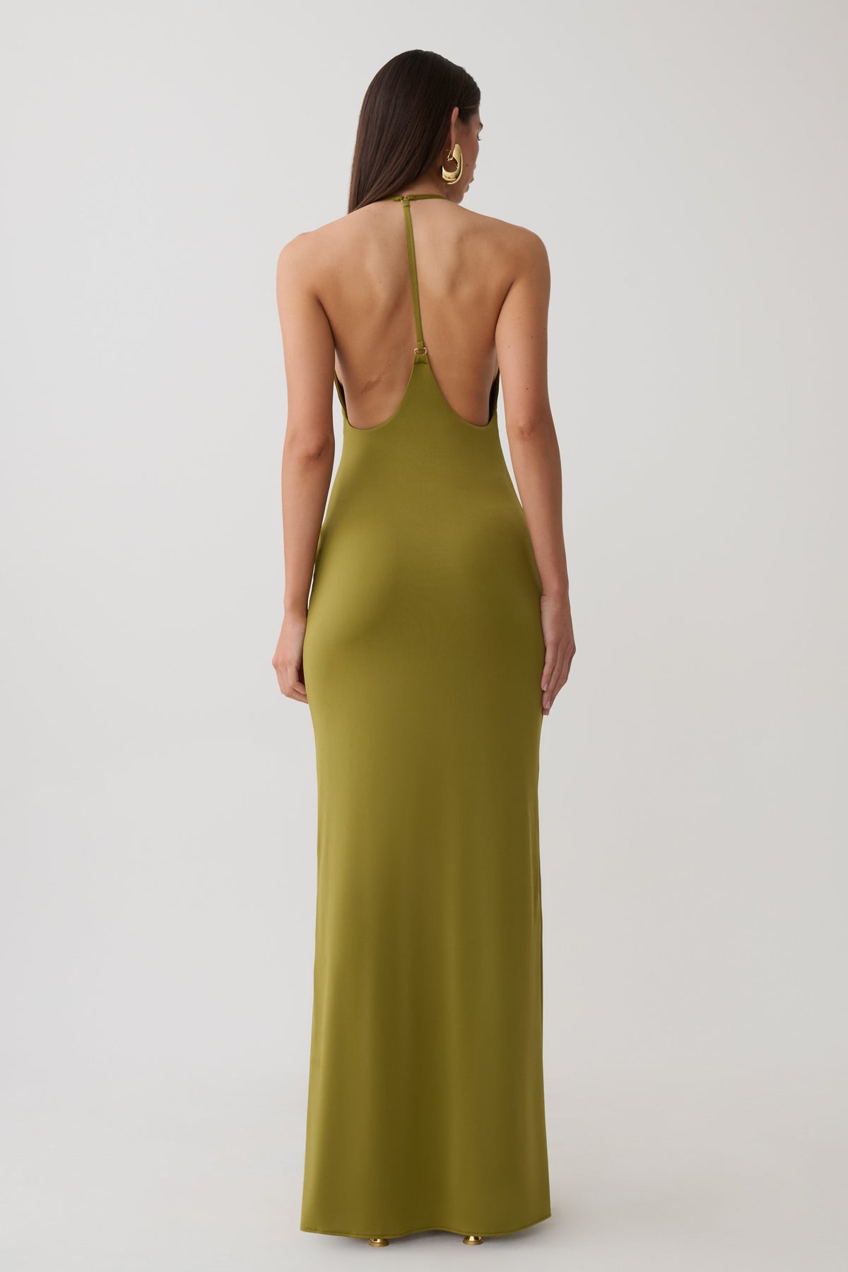 Slinky Plunge Maxi Dress - Martini Olive