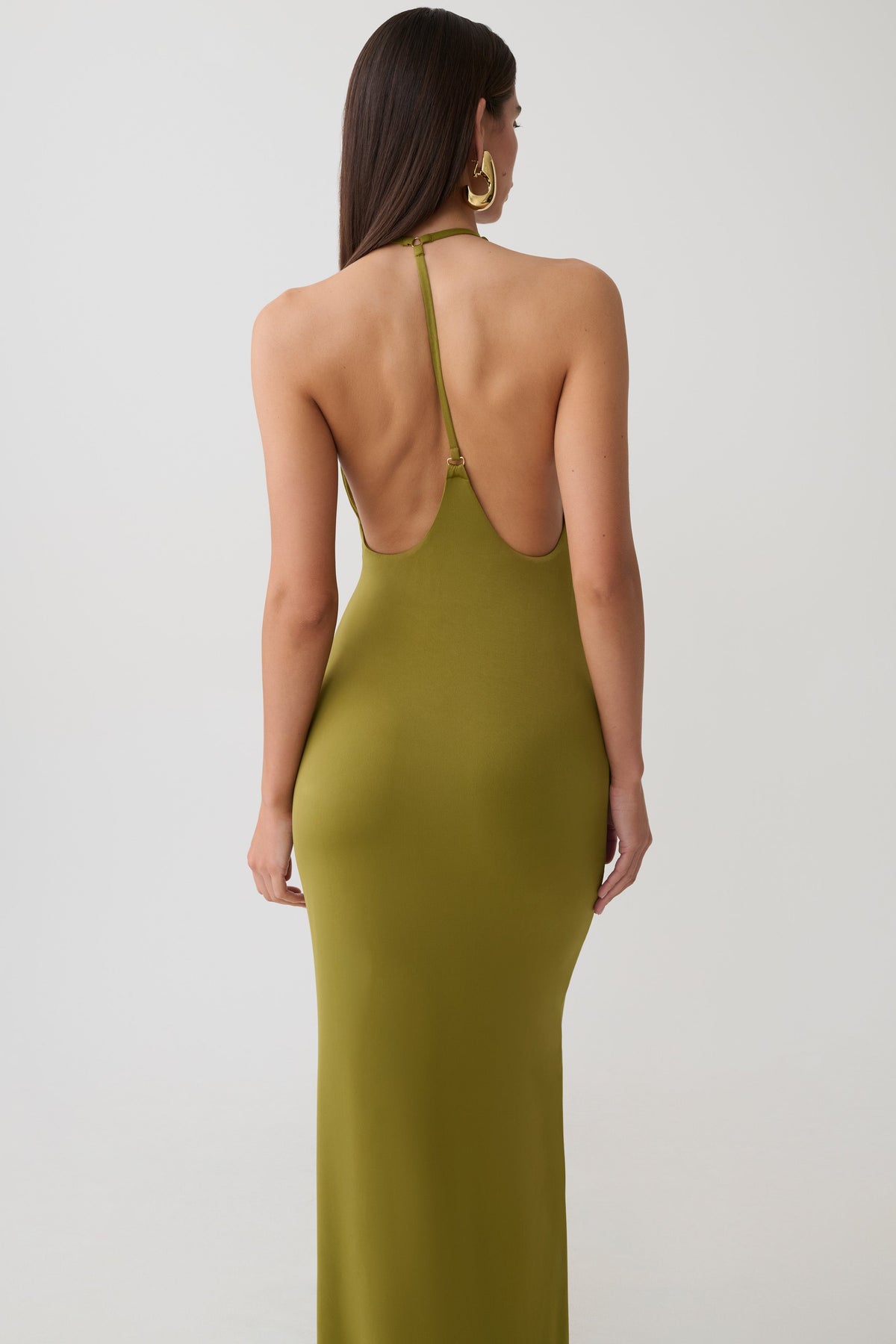 Slinky Plunge Maxi Dress - Martini Olive