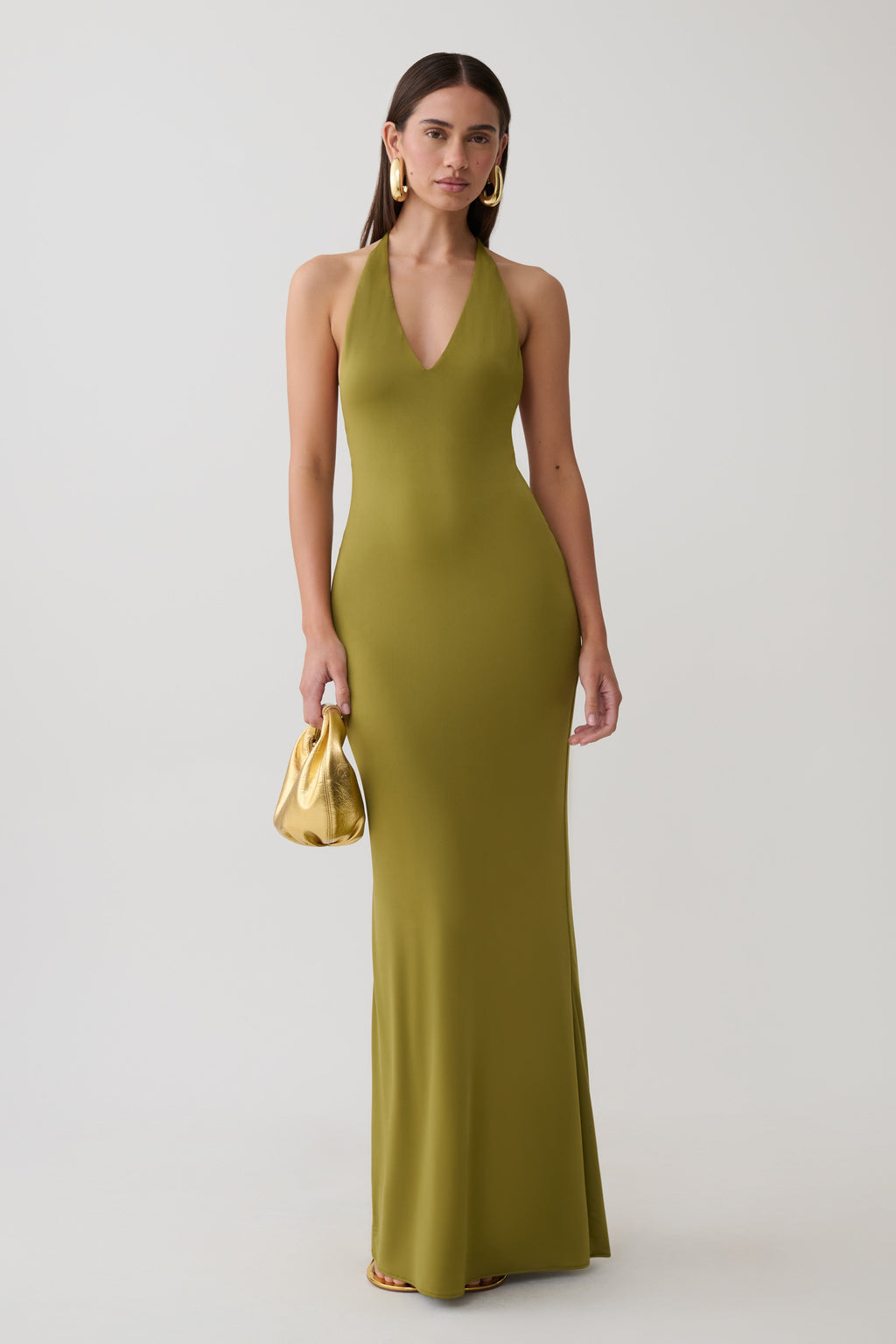 Slinky Plunge Maxi Dress - Martini Olive