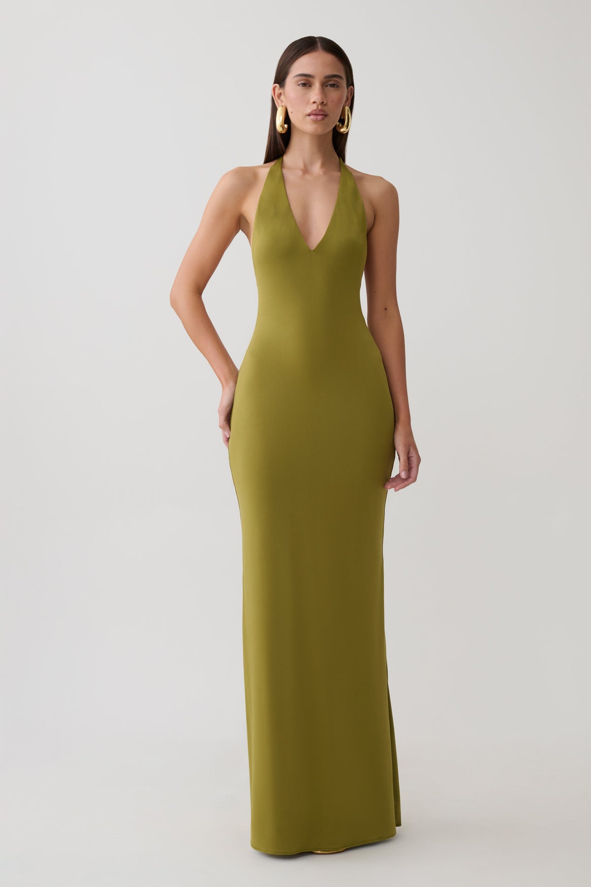 Slinky Plunge Maxi Dress - Martini Olive