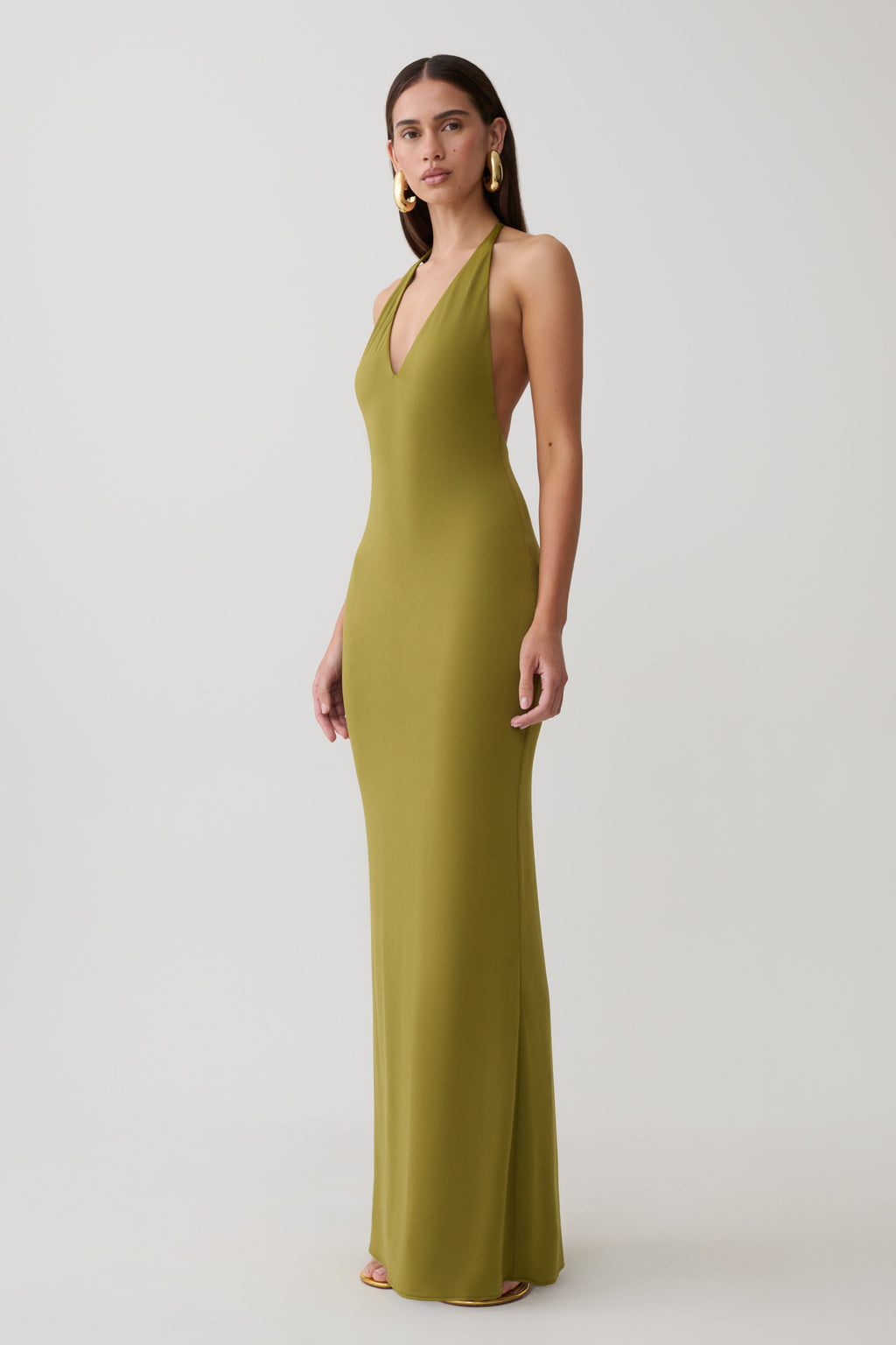 Slinky Plunge Maxi Dress - Martini Olive