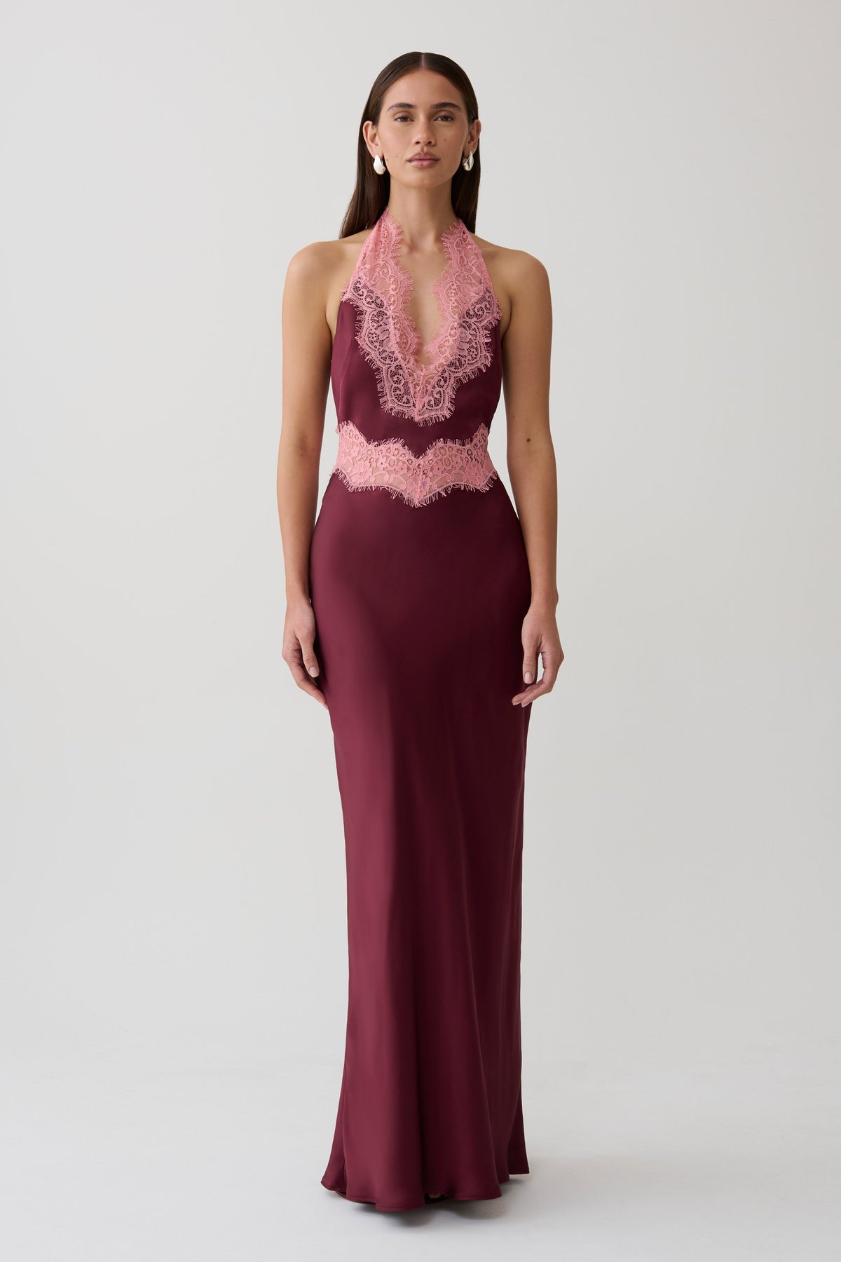 Satin And Lace Maxi Dress - Burgundy