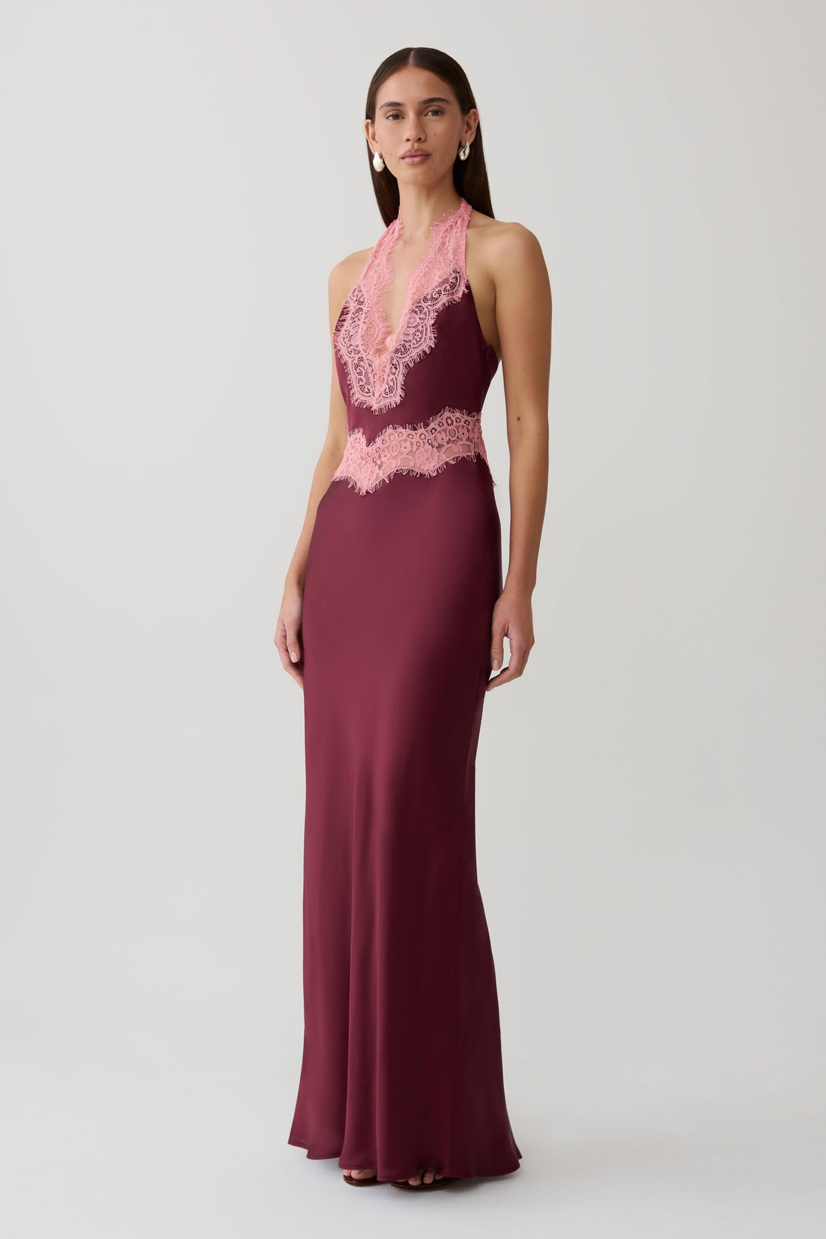 Satin And Lace Maxi Dress - Burgundy