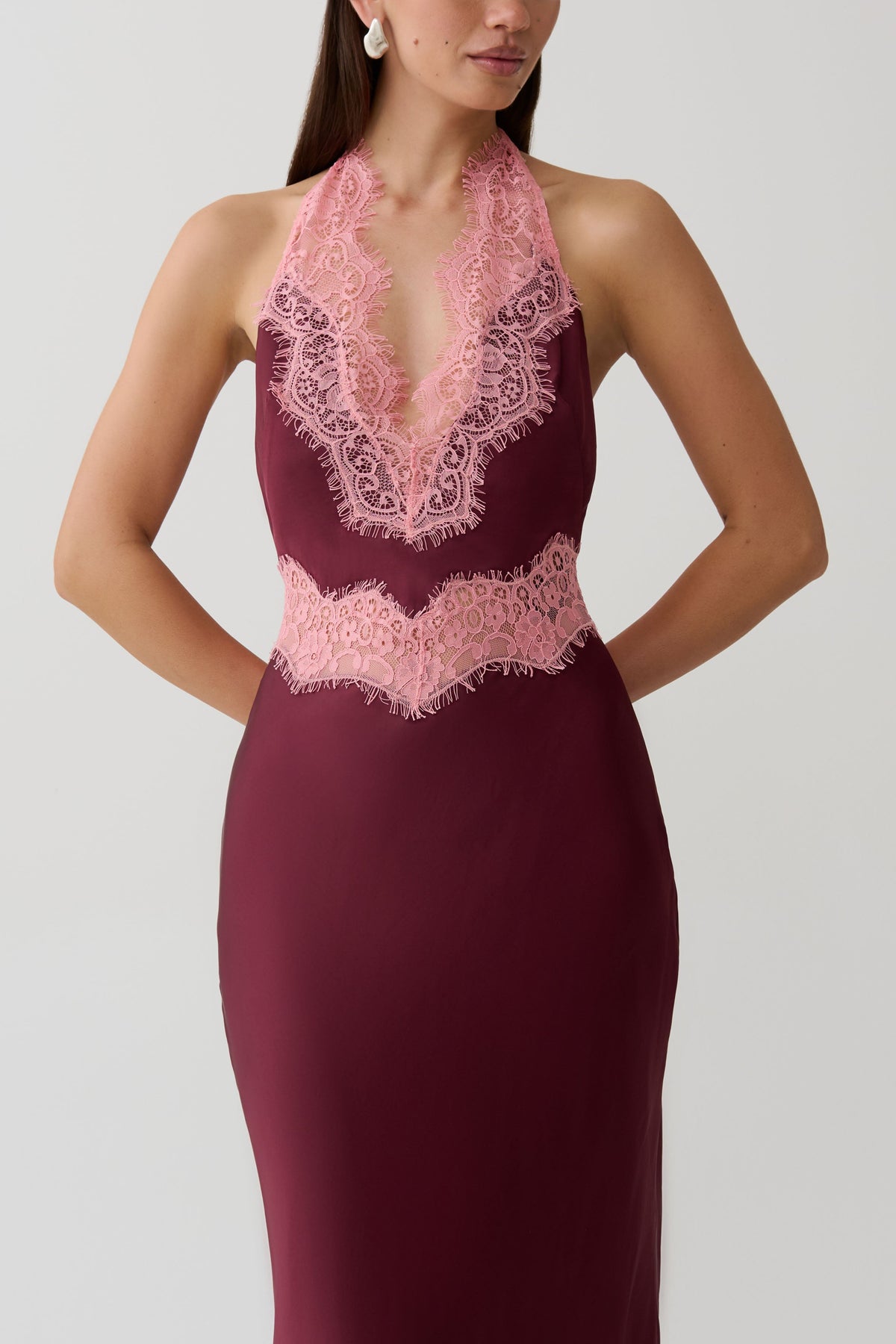 Satin And Lace Maxi Dress - Burgundy
