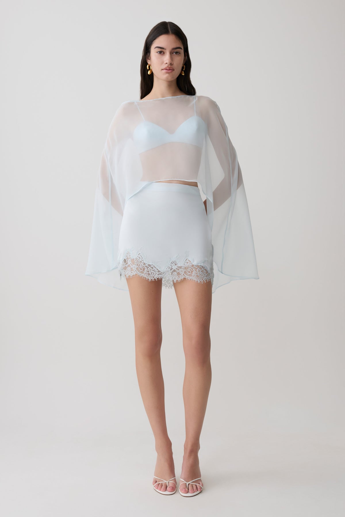 Lace And Satin Mini Skirt - Ice Blue