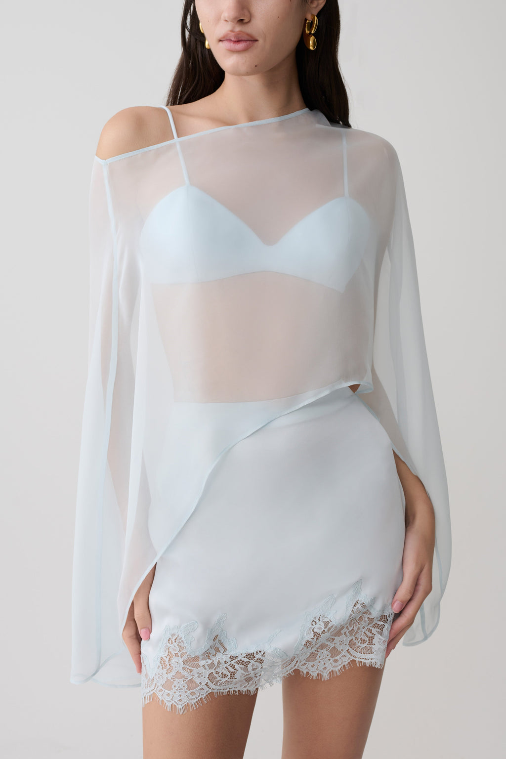 Lace And Satin Mini Skirt - Ice Blue