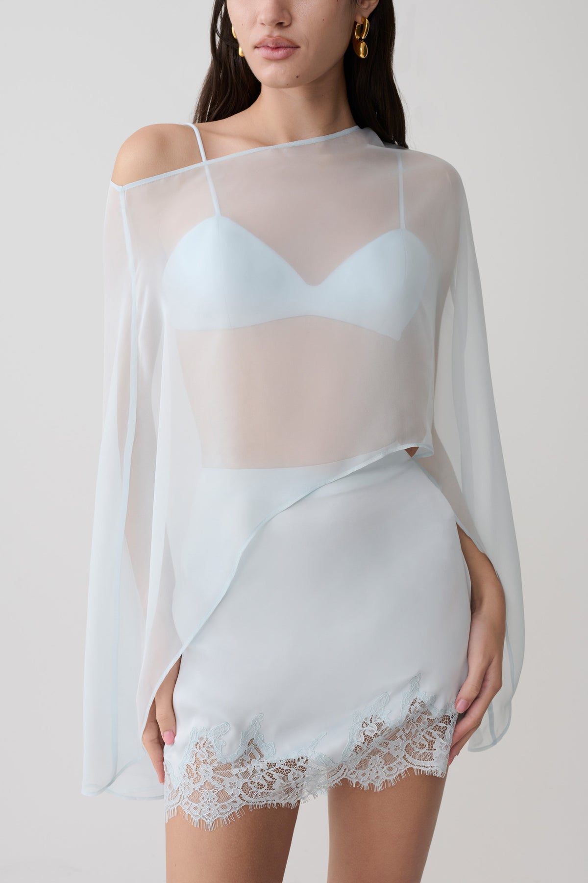 Lace And Satin Mini Skirt - Ice Blue