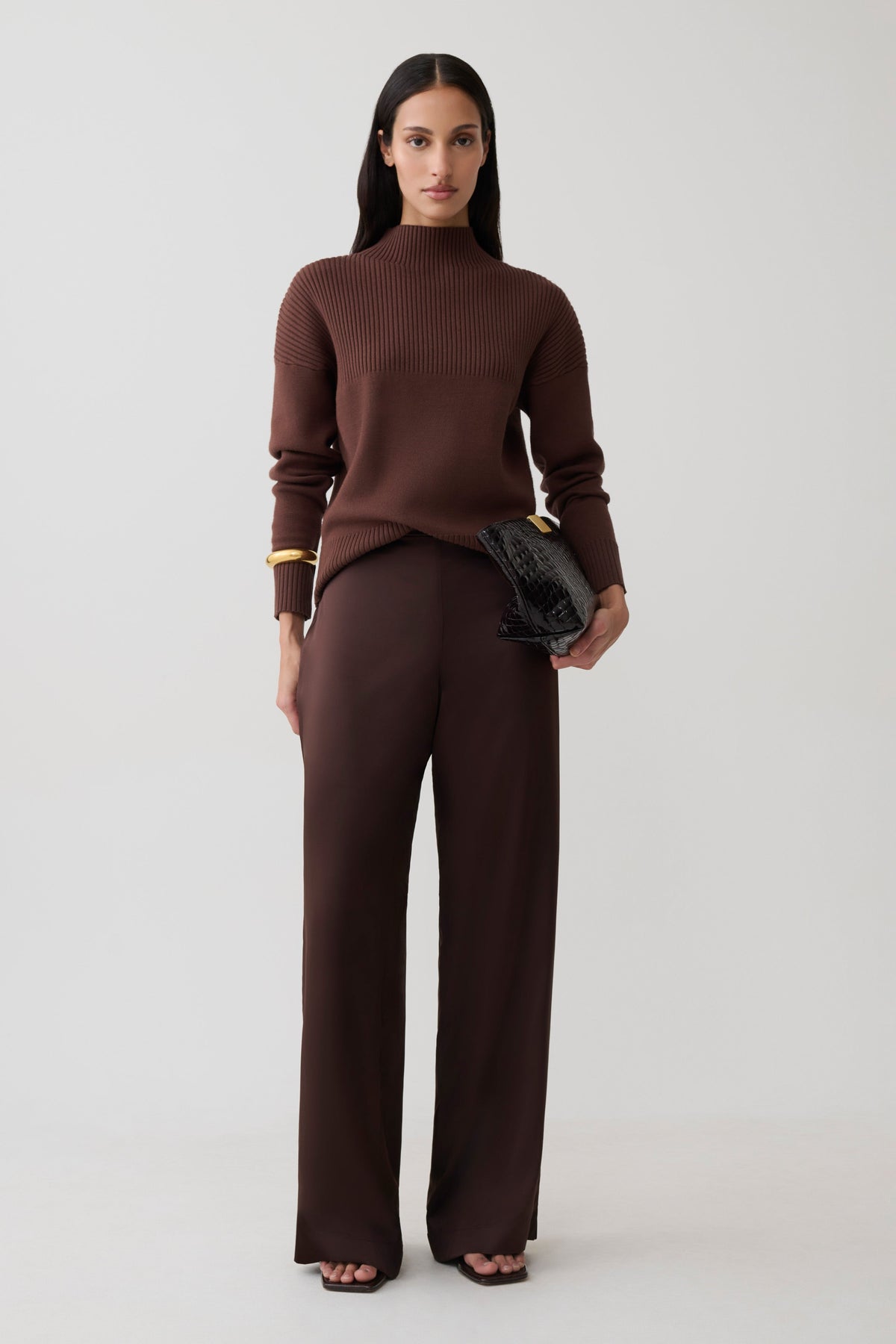 Ribbed High Neck Jumper - Chocolate