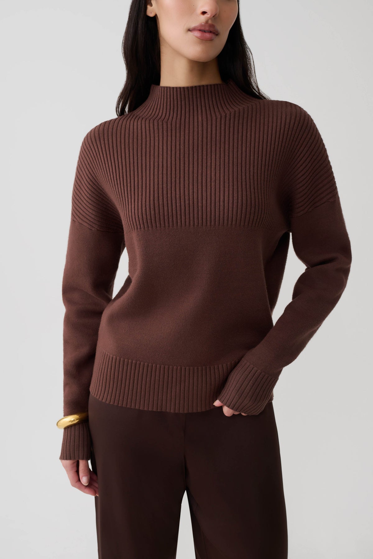 Ribbed High Neck Jumper - Chocolate