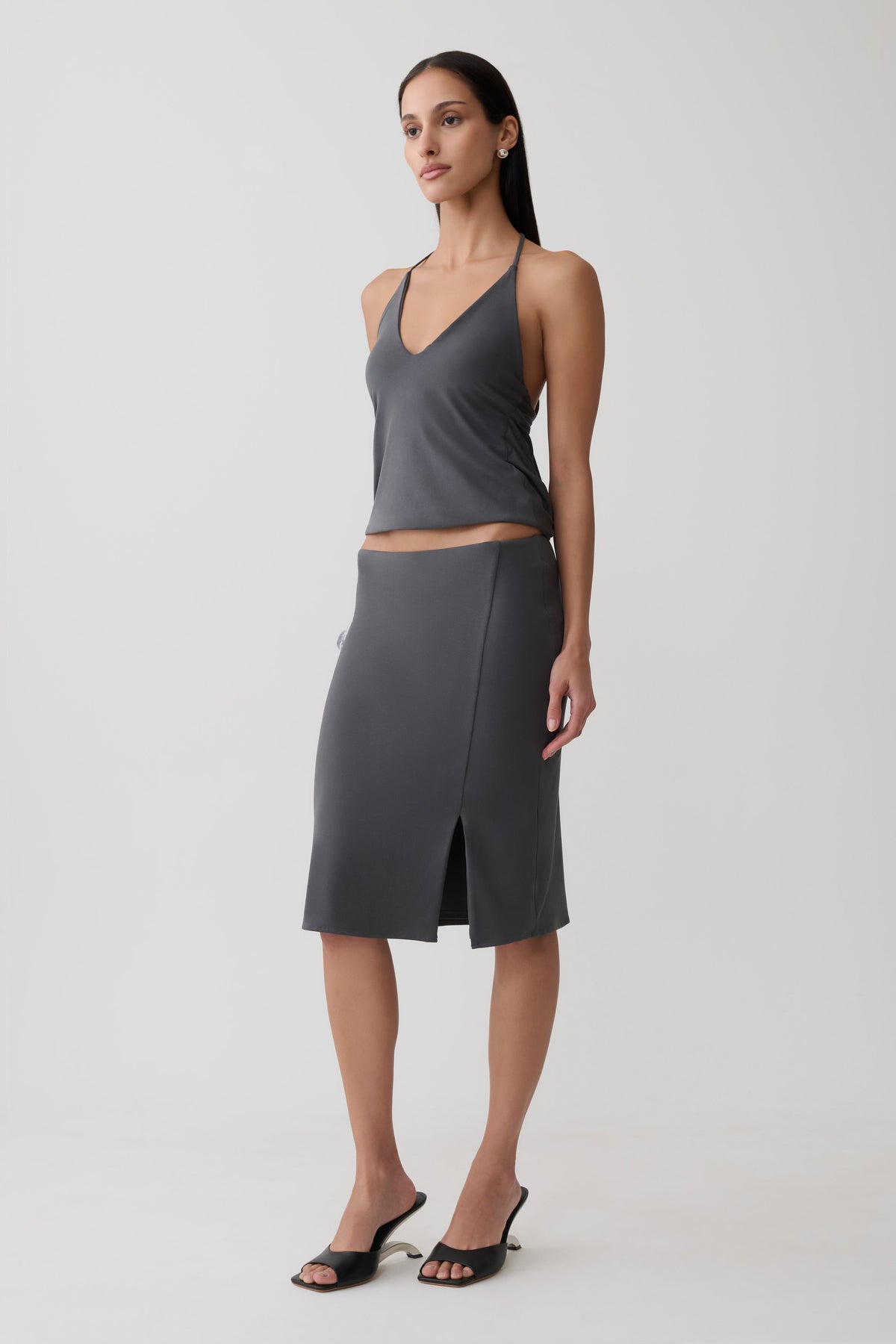 Peached Jersey Draped Back Top - Charcoal