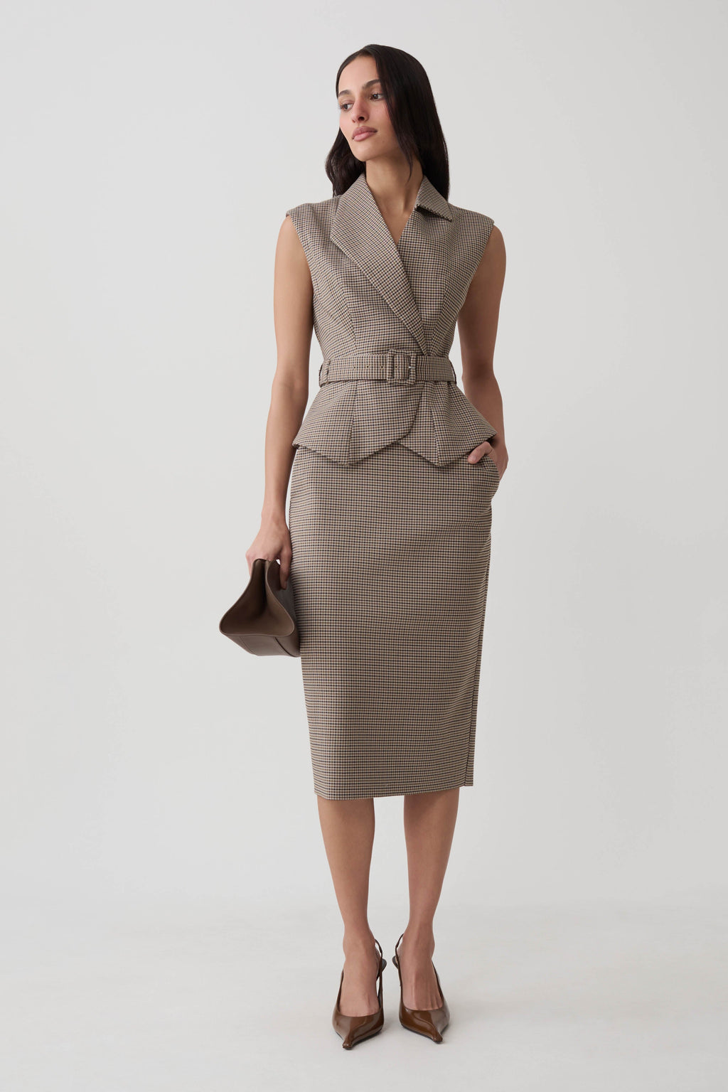 Suiting Midi Skirt - Tan Check
