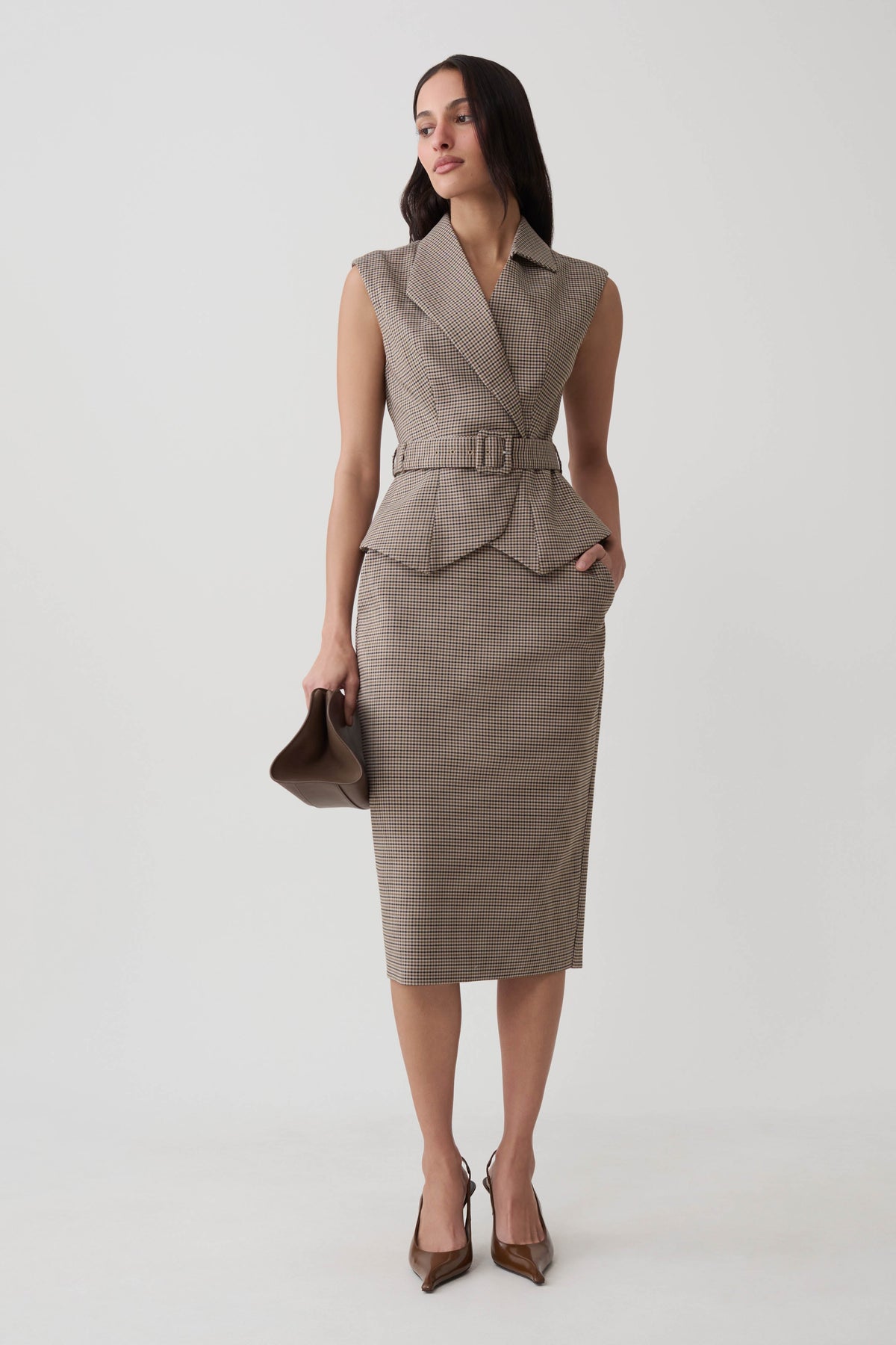 Suiting Midi Skirt - Tan Check