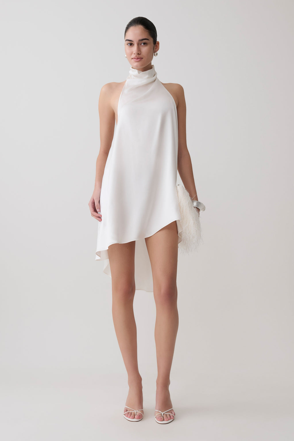 Asymmetrical Satin Halter Mini Dress - Ivory
