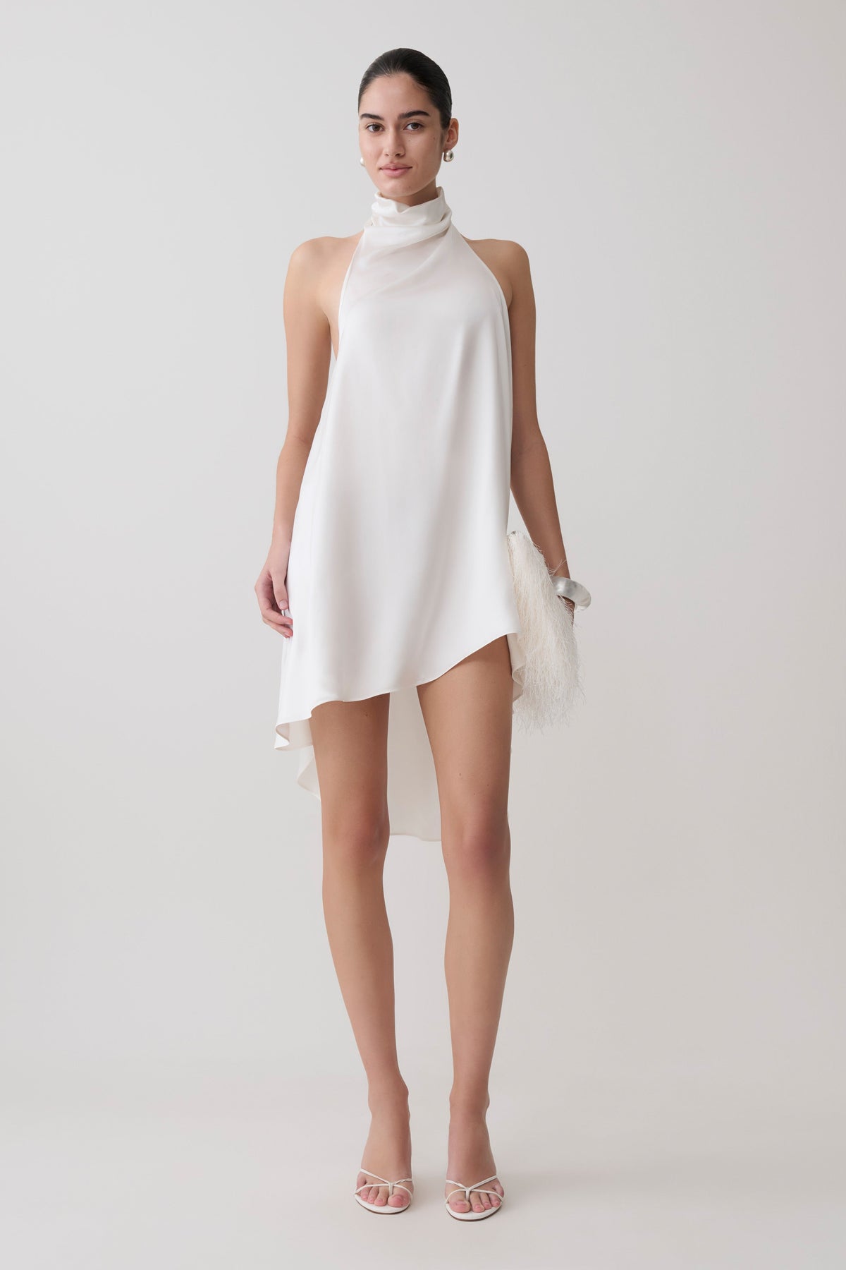 Asymmetrical Satin Halter Mini Dress - Ivory