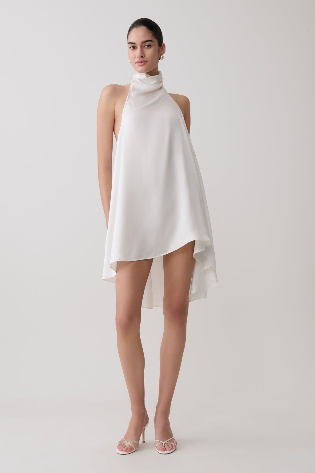 Asymmetrical Satin Halter Mini Dress - Ivory