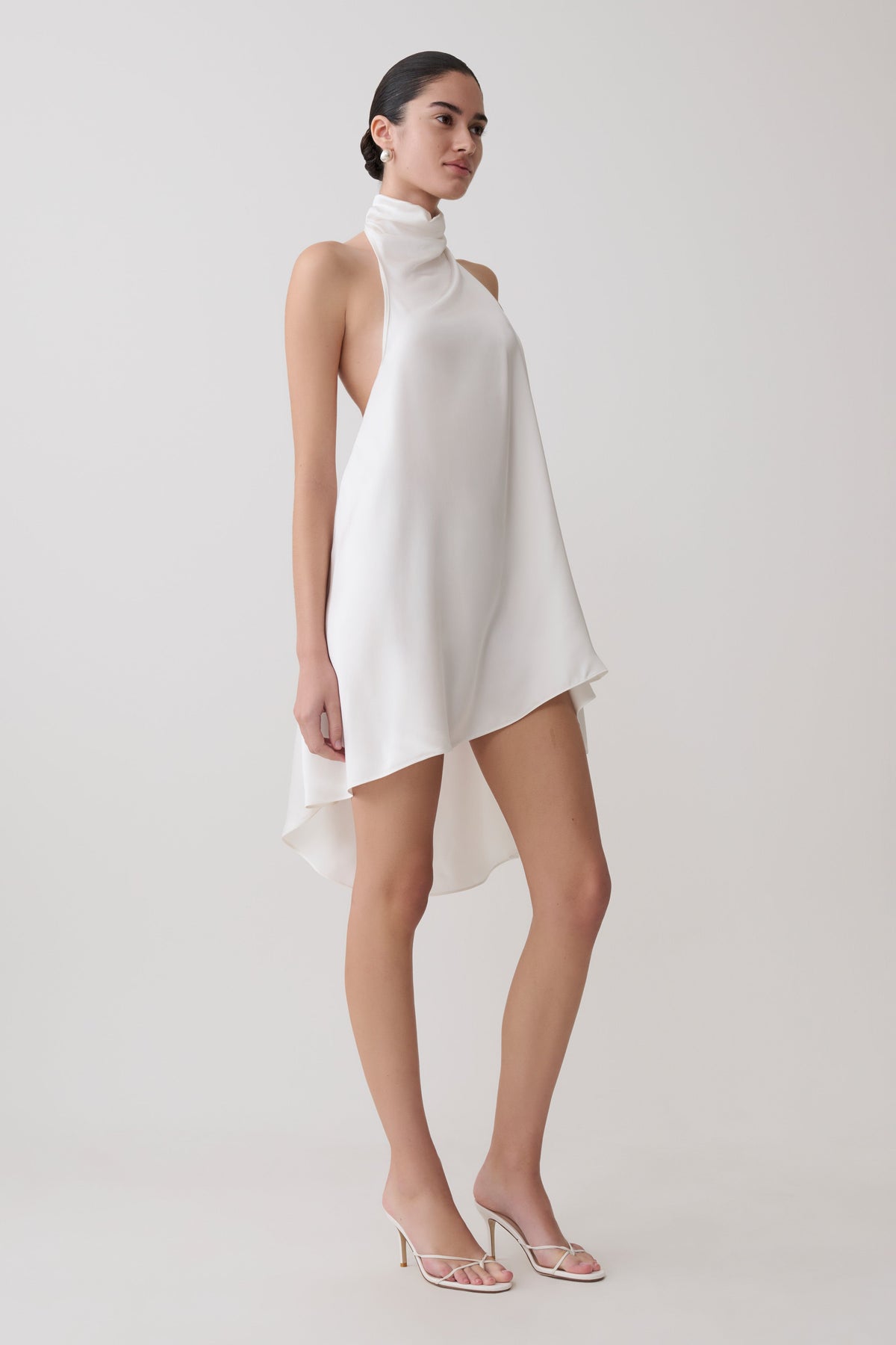Asymmetrical Satin Halter Mini Dress - Ivory
