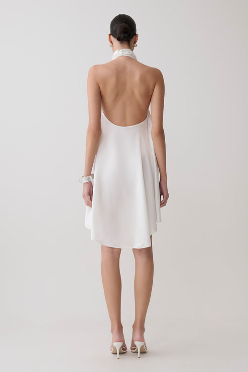 Asymmetrical Satin Halter Mini Dress - Ivory