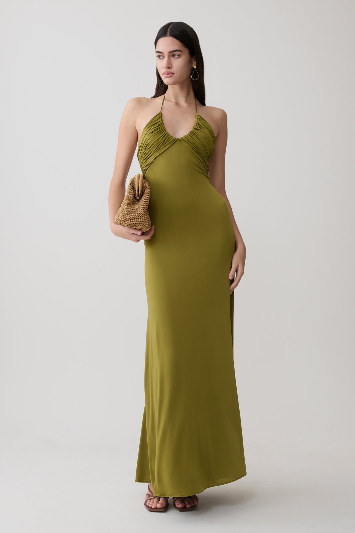 Gathered Slinky Maxi Dress - Olive