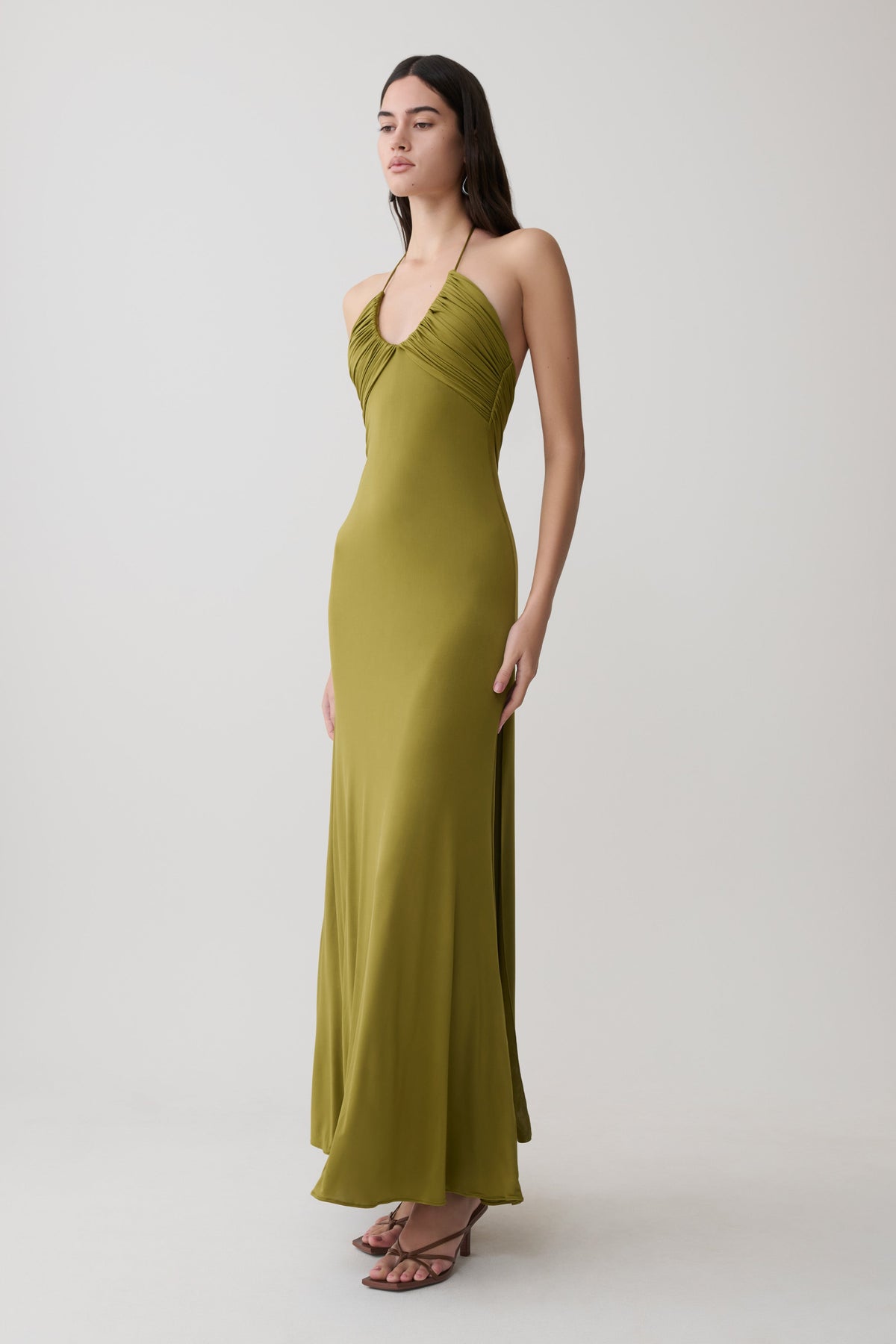 Gathered Slinky Maxi Dress - Olive
