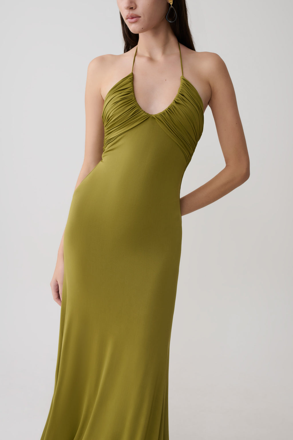 Gathered Slinky Maxi Dress - Olive