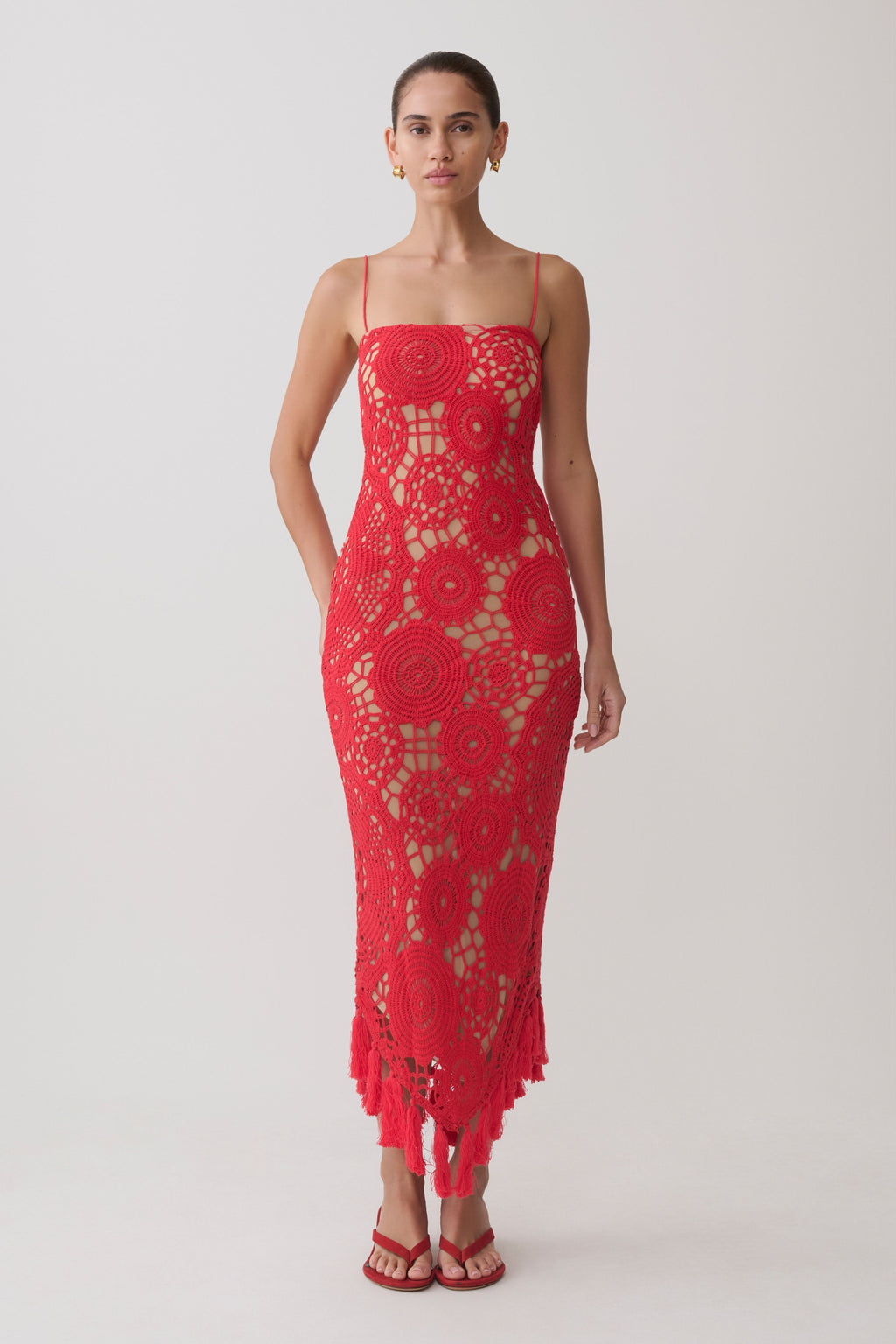 Crochet Halter Midi Dress - Red