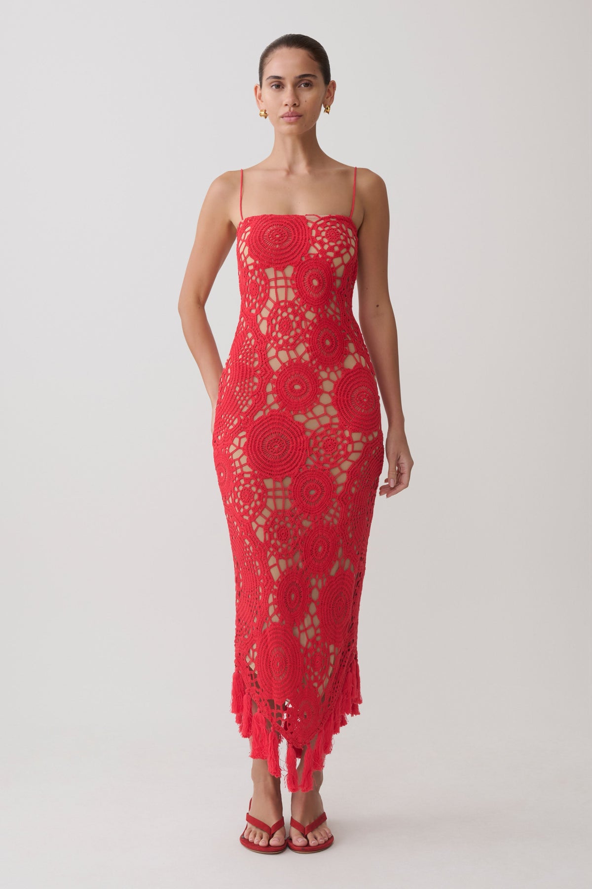 Crochet Halter Midi Dress - Red