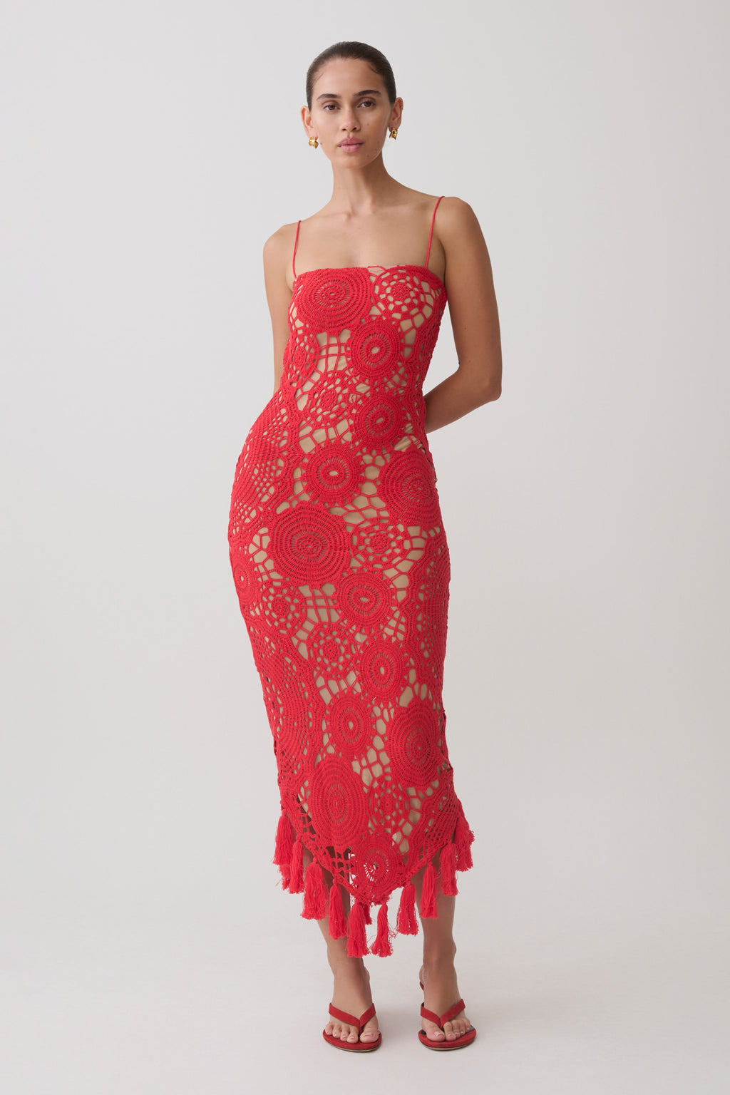 Crochet Halter Midi Dress - Red