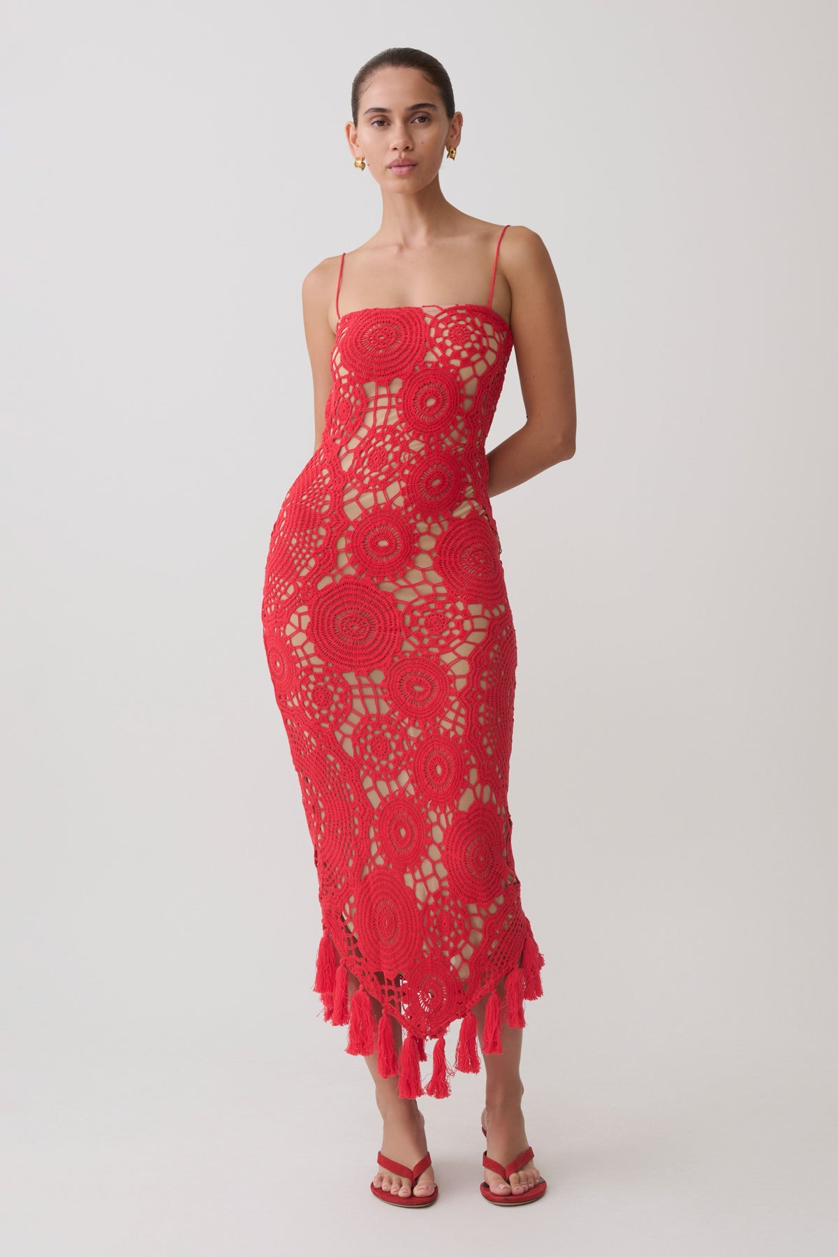 Crochet Halter Midi Dress - Red