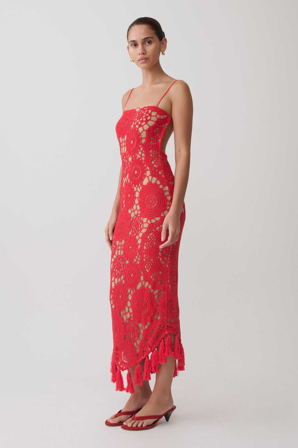 Crochet Halter Midi Dress - Red
