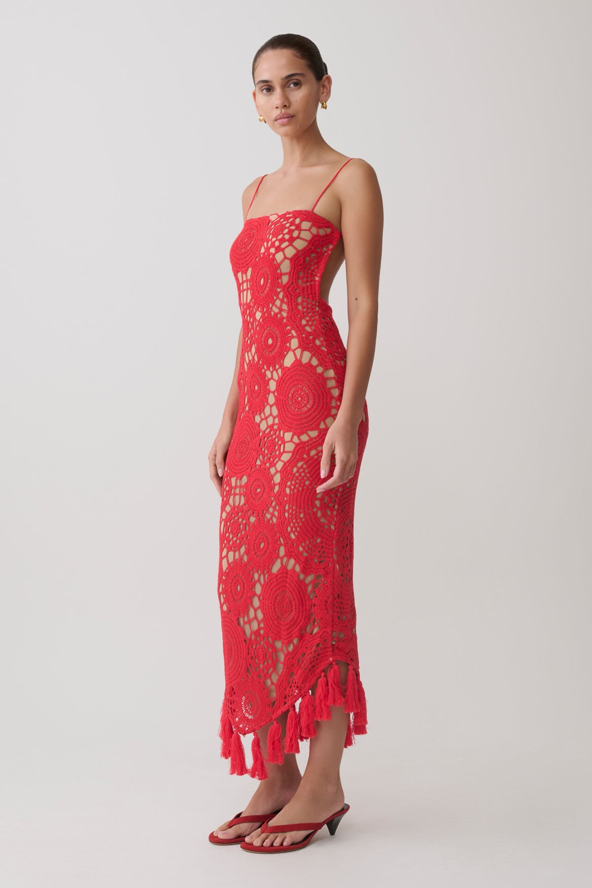 Crochet Halter Midi Dress - Red
