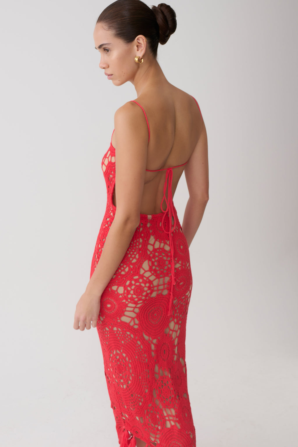 Crochet Halter Midi Dress - Red