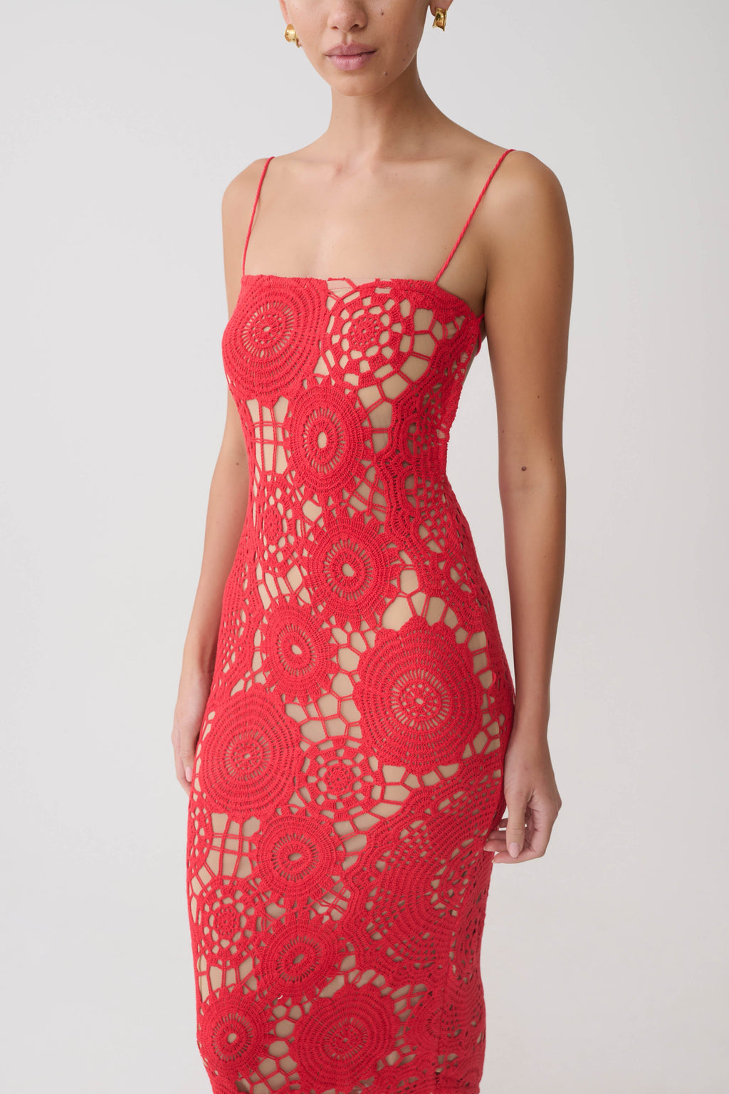 Crochet Halter Midi Dress - Red