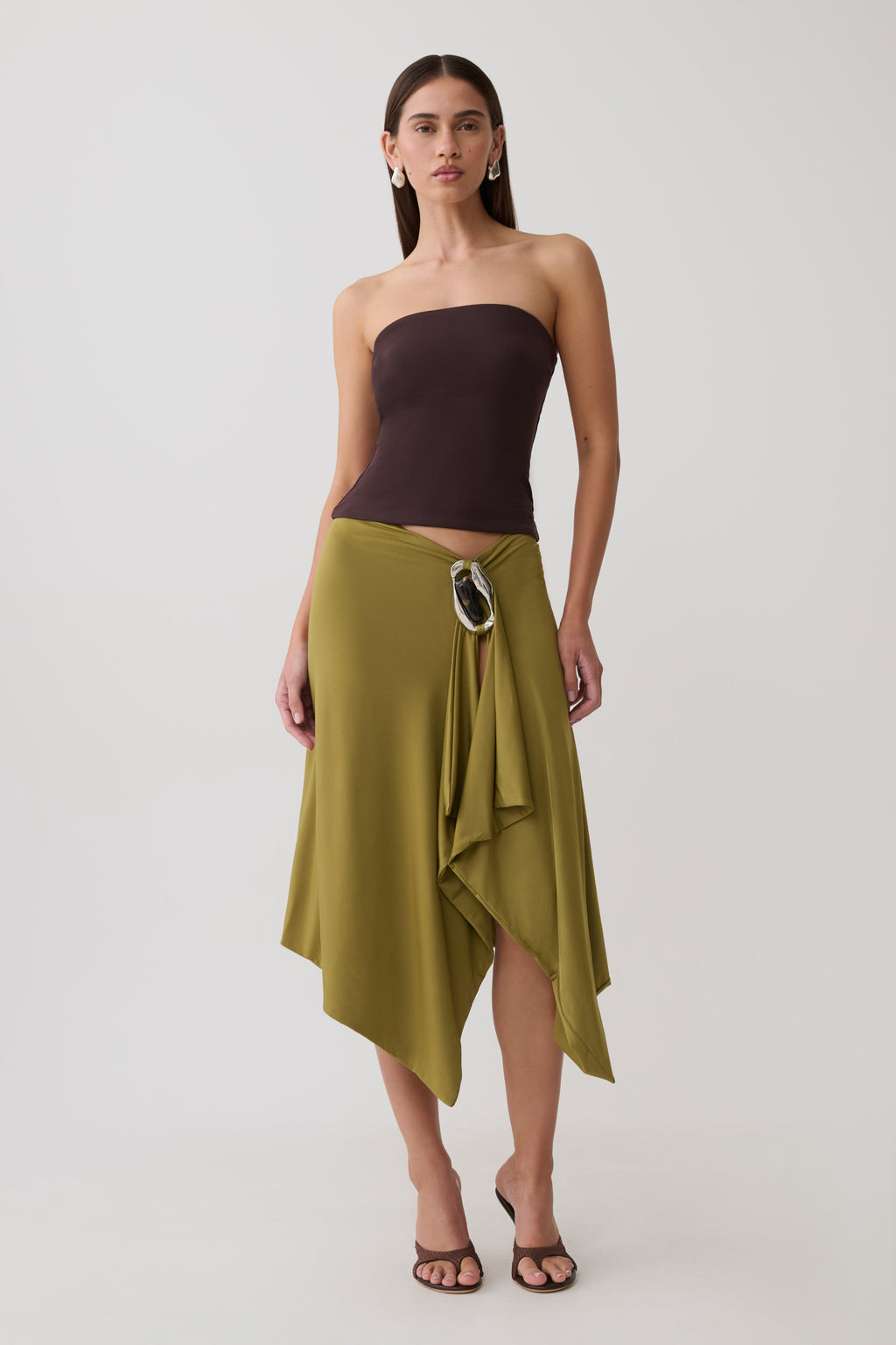 Hankie Midi Skirt with Hardware - Martini Olive