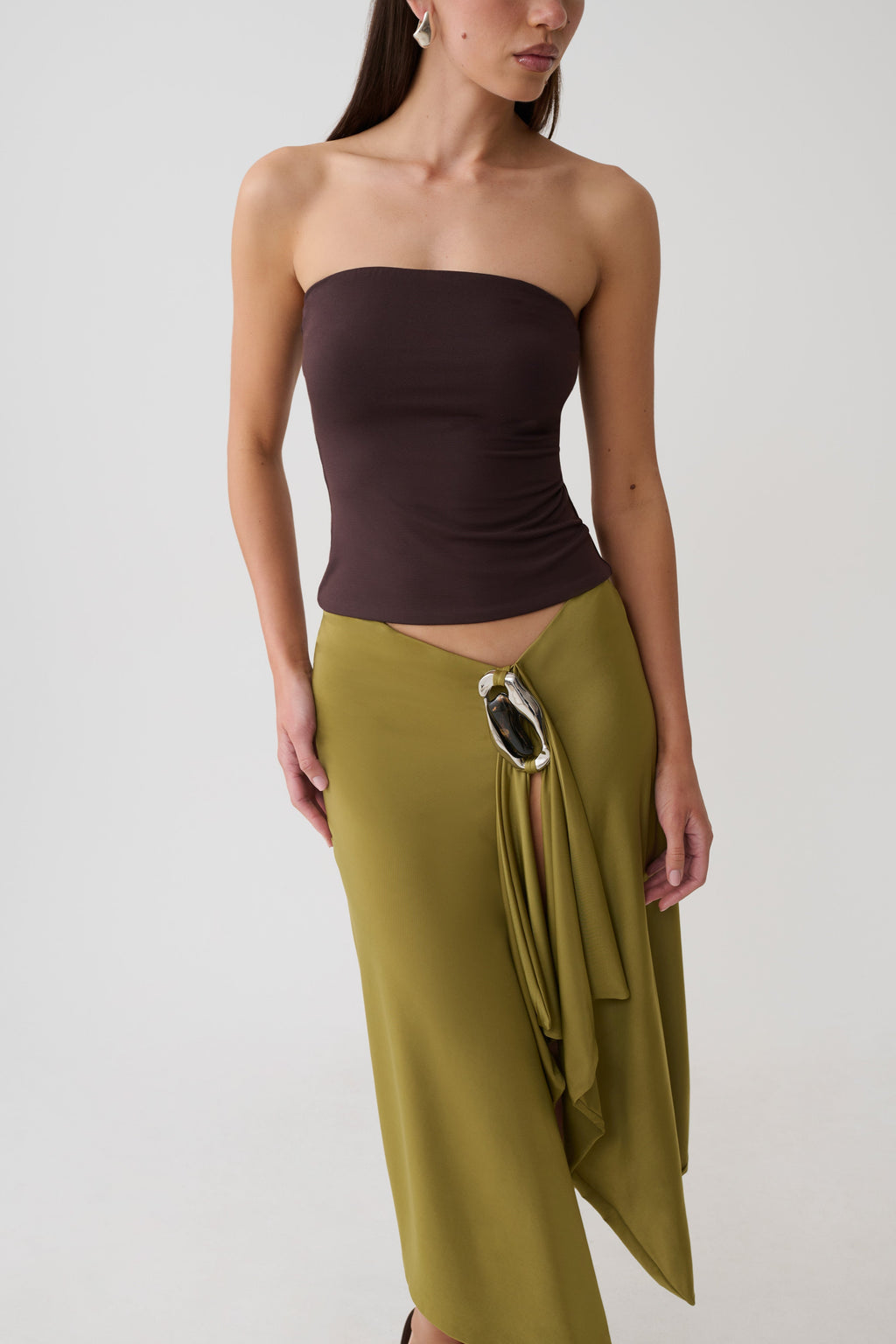 Hankie Midi Skirt with Hardware - Martini Olive