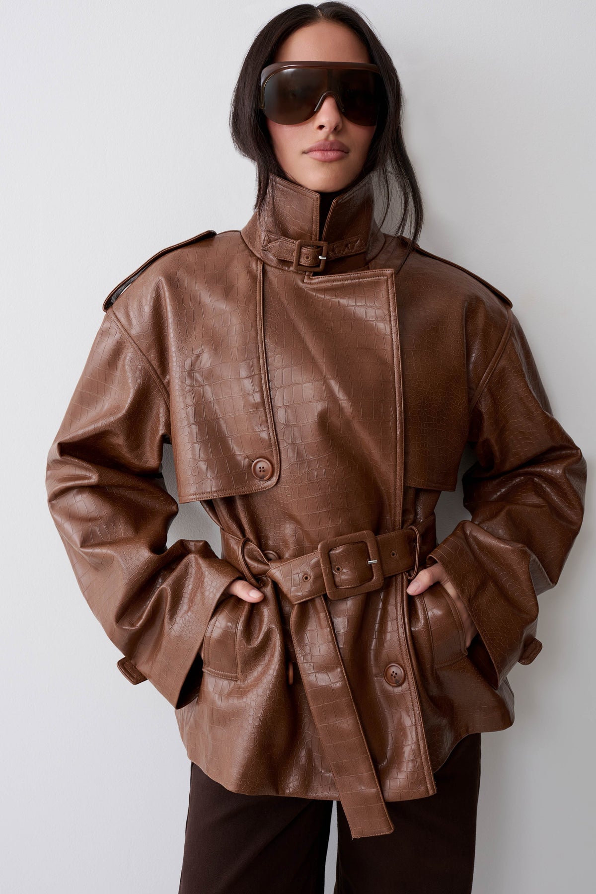 Funnel Neck Croc Faux Leather Trench - Cognac
