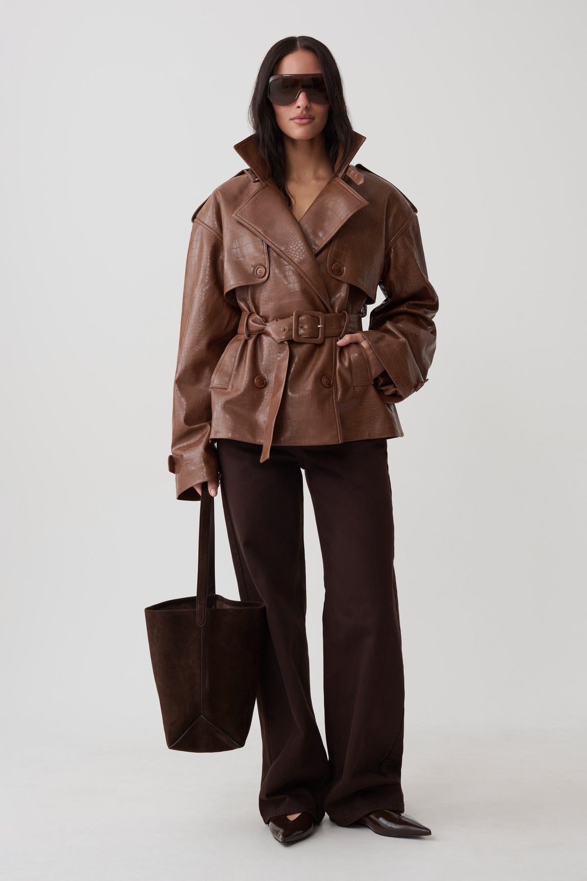 Funnel Neck Croc Faux Leather Trench - Cognac