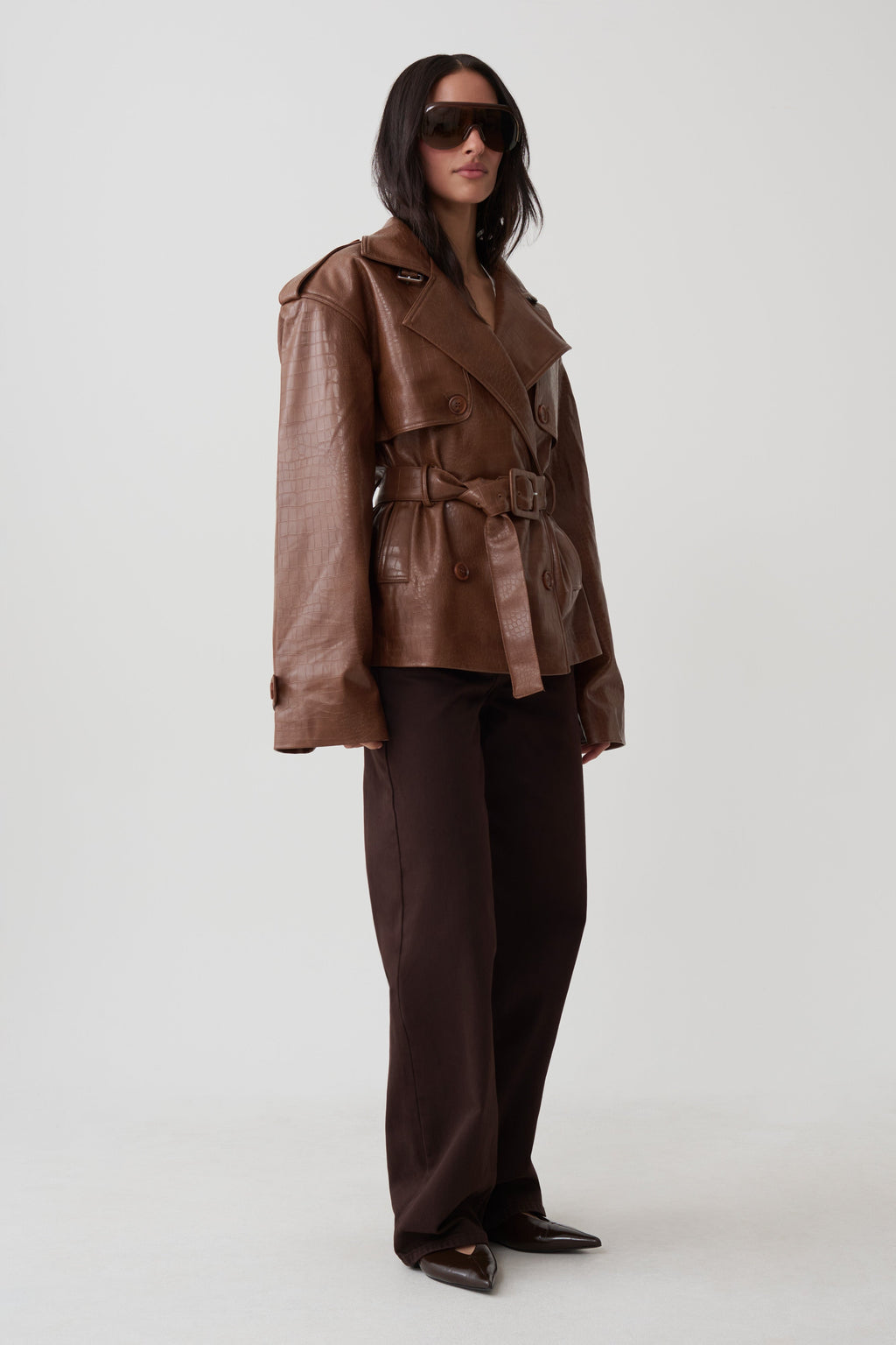 Funnel Neck Croc Faux Leather Trench - Cognac