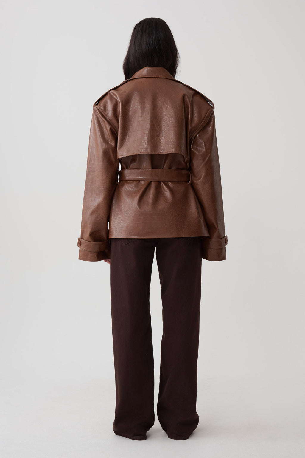Funnel Neck Croc Faux Leather Trench - Cognac