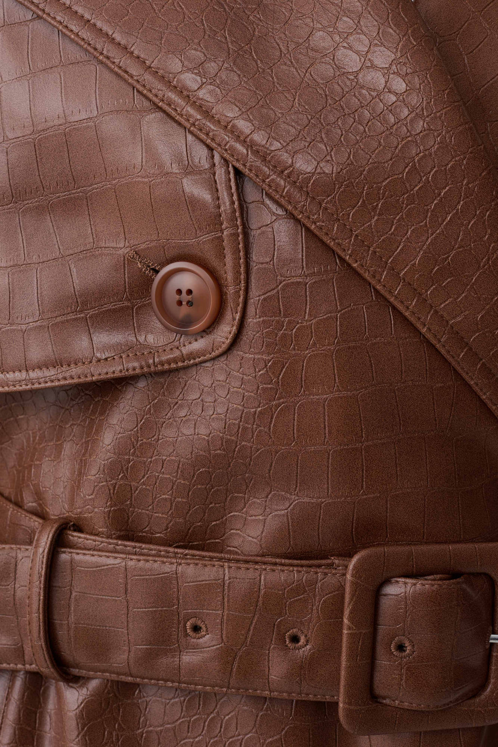 Funnel Neck Croc Faux Leather Trench - Cognac