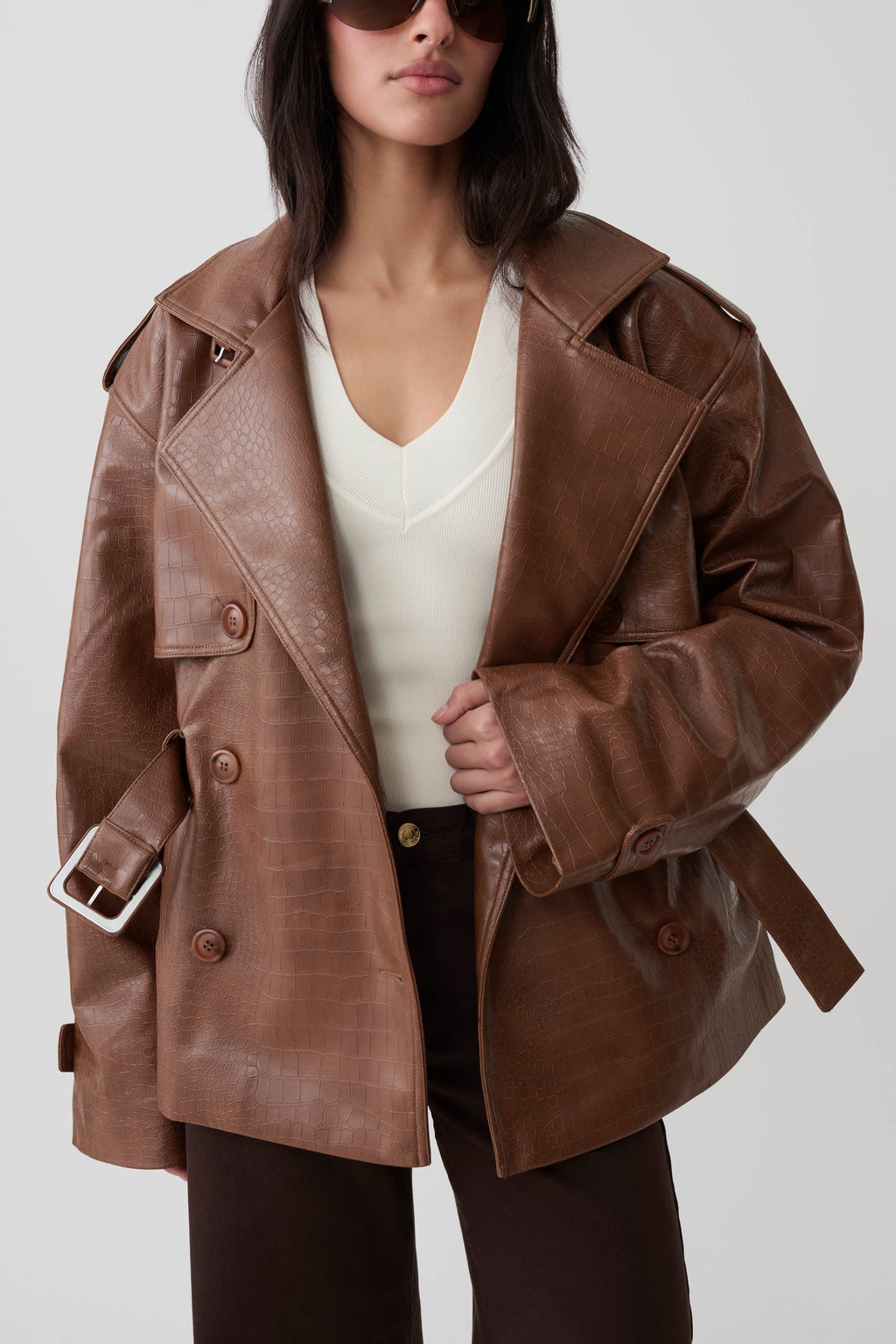Funnel Neck Croc Faux Leather Trench - Cognac