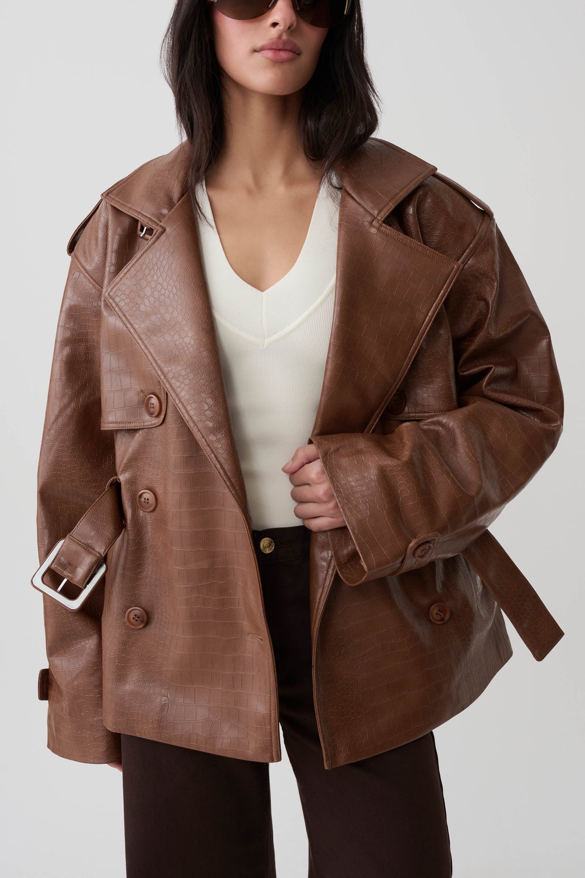 Funnel Neck Croc Faux Leather Trench - Cognac
