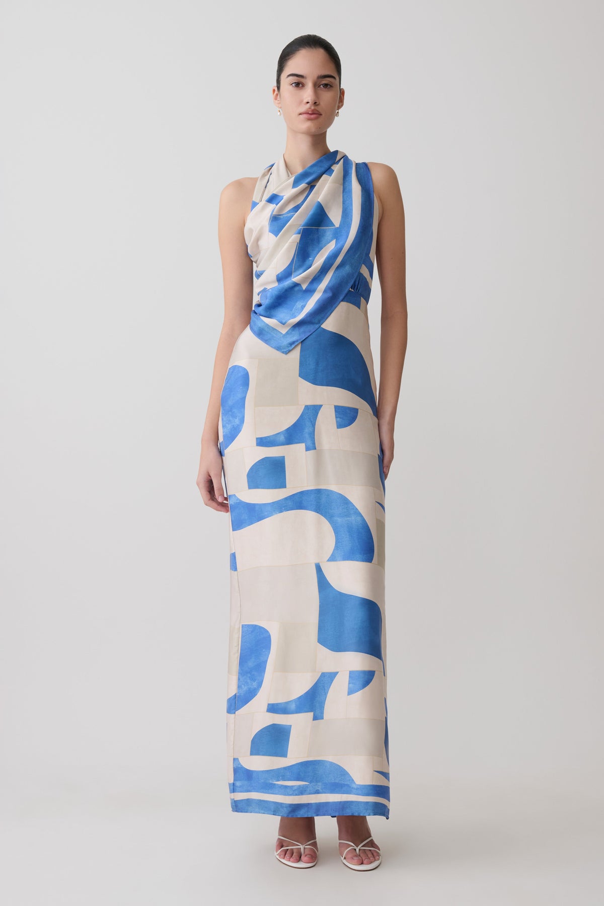 Satin Halter Maxi Dress - Blue Geo Tile Print