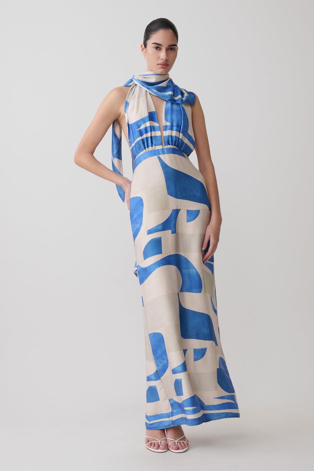 Satin Halter Maxi Dress - Blue Geo Tile Print