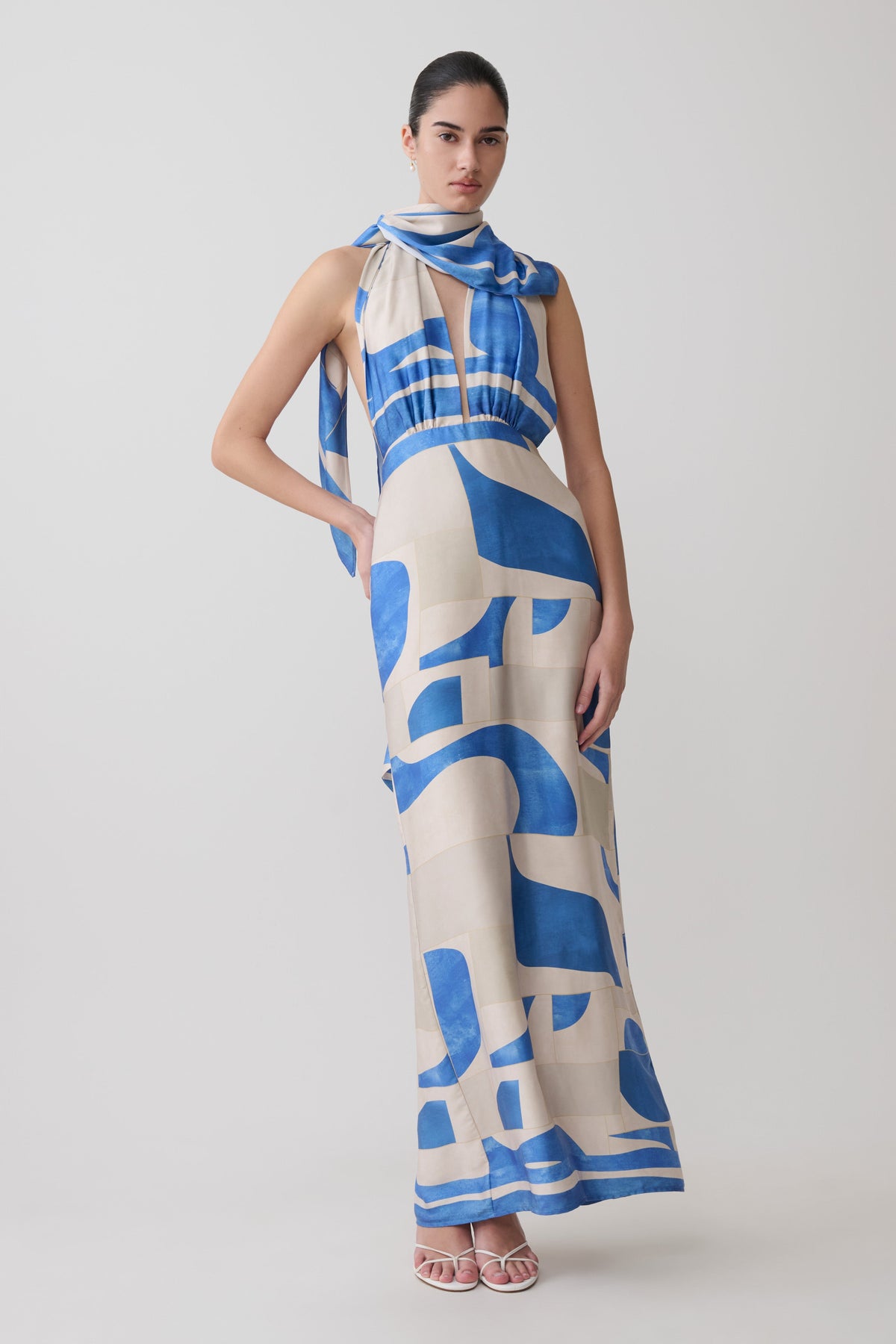 Satin Halter Maxi Dress - Blue Geo Tile Print
