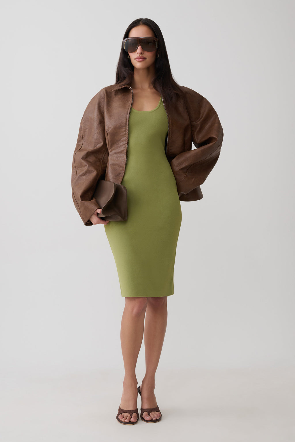 Racer Back Knee Length Knit Dress - Olive