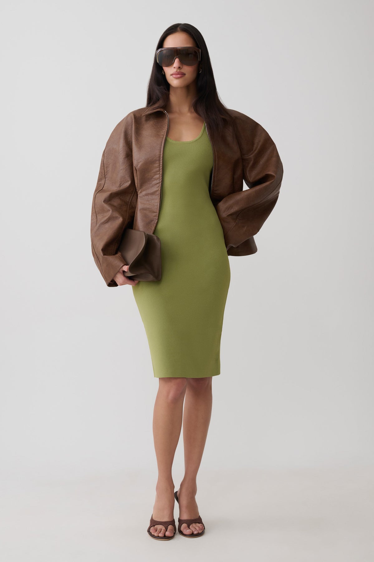 Racer Back Knee Length Knit Dress - Olive
